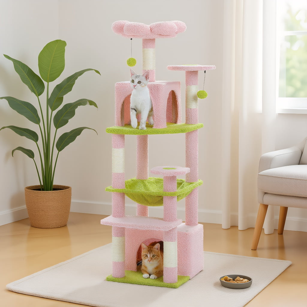 Pefilos 53" Tall Cat Tree Tower with Spacious Hammocks, Condos and Scratching Posts, Cat House with Dual Padded Perches for Indoor Large Cats, Pink