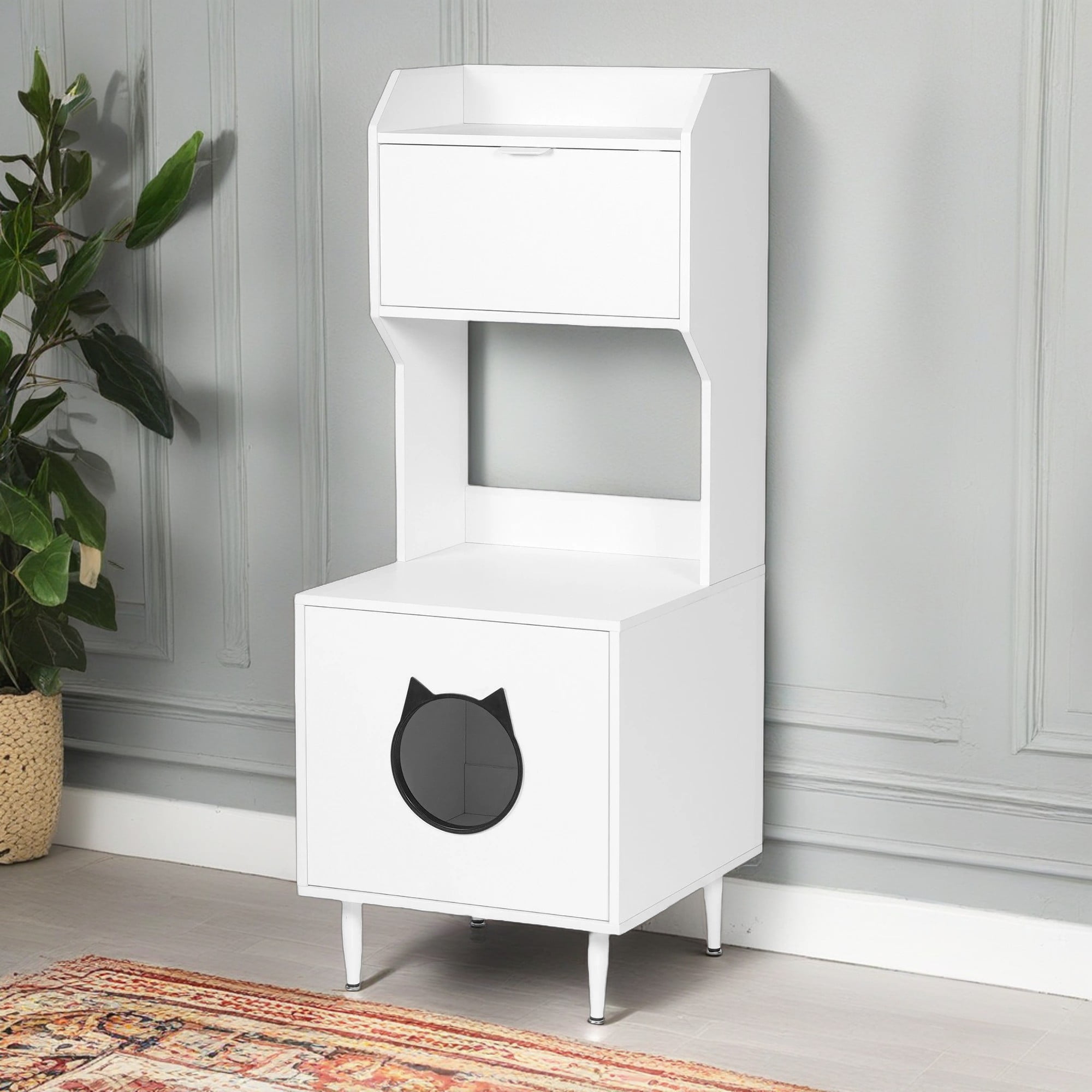 Pefilos 53" Wooden Cat Litter Box Enclosure Furniture with Shelves, Large Hidden Litter Box Cat House Washroom, White Pefilos 53" Wooden Cat Litter Box Enclosure Furniture with Shelves, Large Hidden Litter Box Cat House Washroom, White