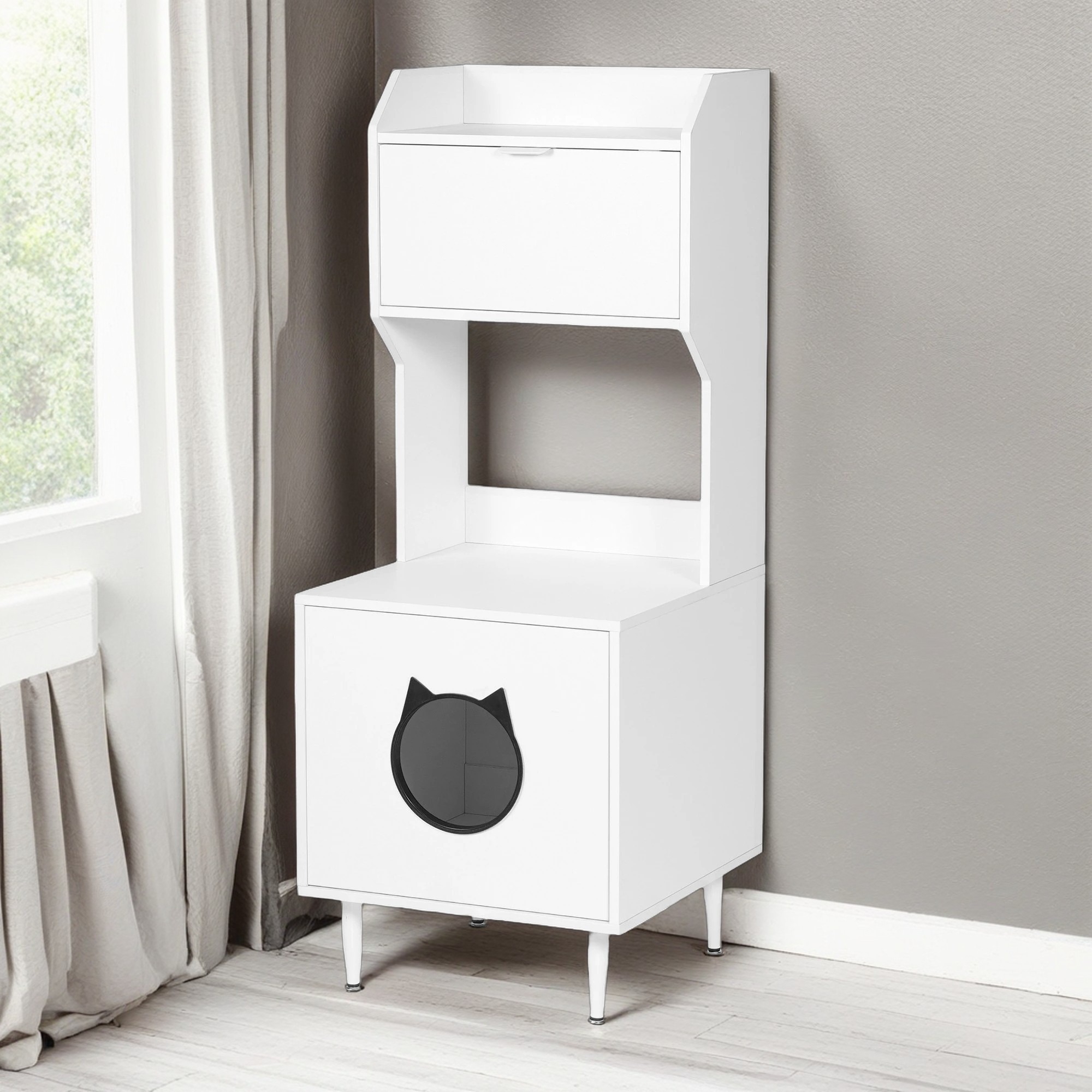 Pefilos 53" Wooden Cat Litter Box Enclosure with Shelves, Hidden Litter Box Furniture Cat House Washroom, White Pefilos 53" Wooden Cat Litter Box Enclosure with Shelves, Hidden Litter Box Furniture Cat House Washroom, White