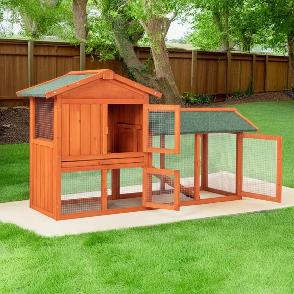 Pefilos 54.5" Wood Rabbit Hutch for Outdoor, Pet House Bunny Cages Poultry Cage Habitat Chicken Coop, Orange