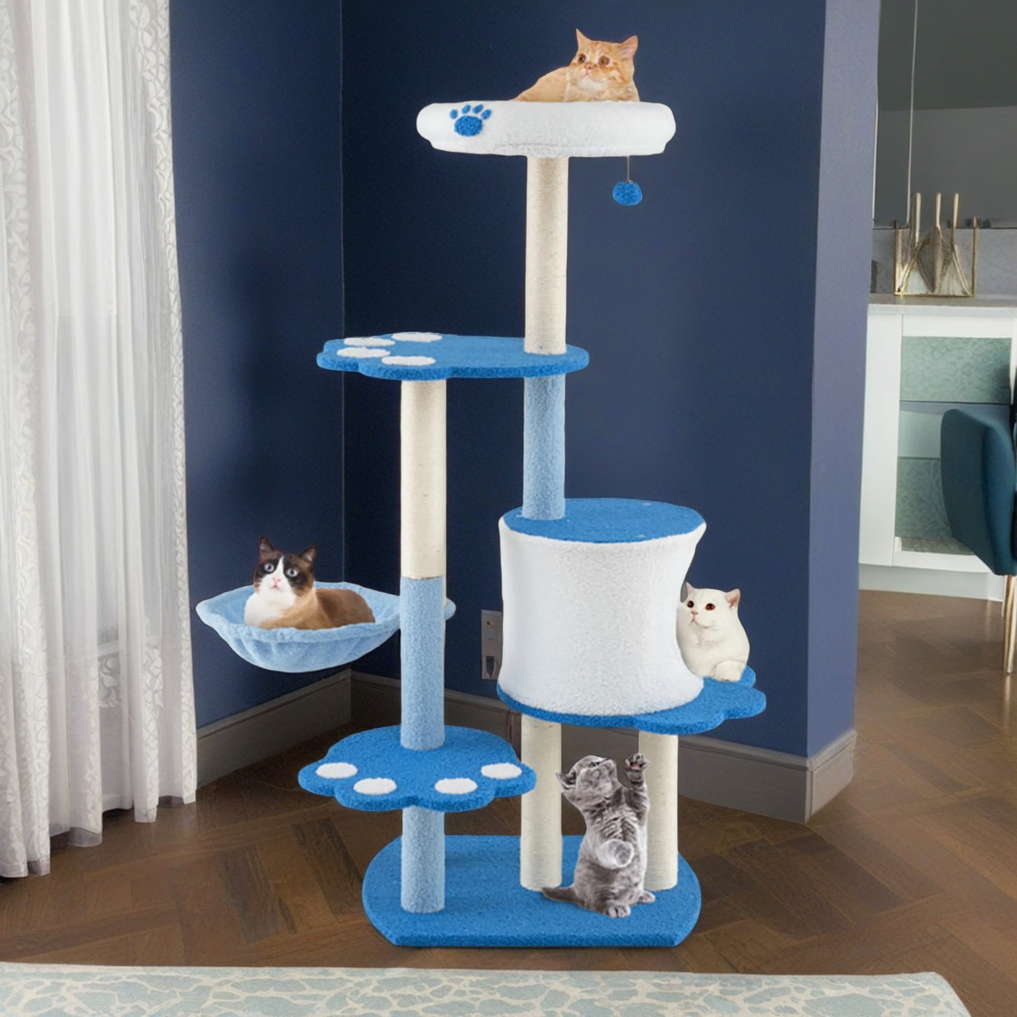 Pefilos 54" Cat Tree Tower, Cat Condo for Indoor Cats with Padded Plush Perch, Cat House with Basket Scratching Board Post, Blue Pefilos 54" Cat Tree Tower, Cat Condo for Indoor Cats with Padded Plush Perch, Cat House with Basket Scratching Board Post, Blue