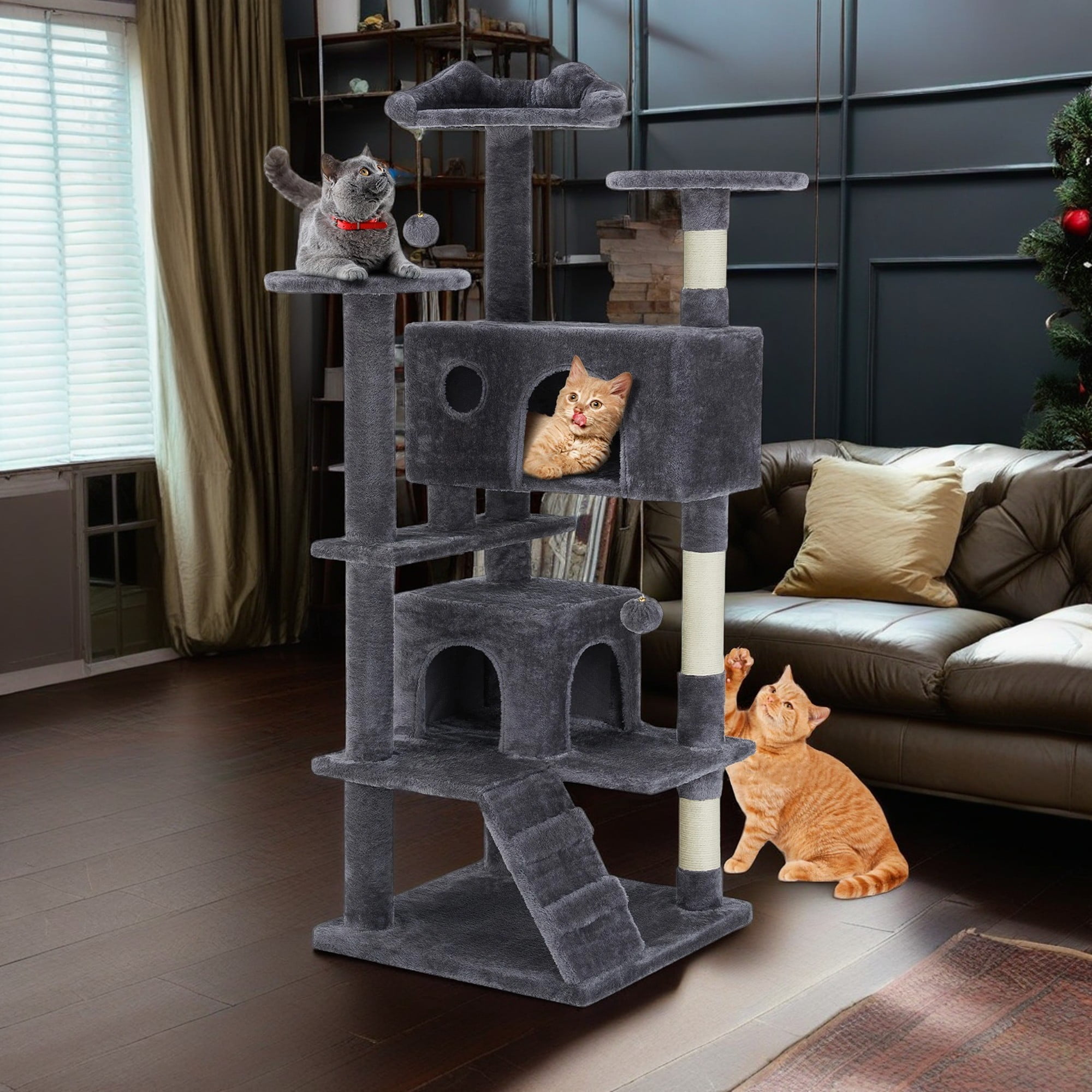 Gray 54-Inch Multi-Level Cat Tree with Sisal Scratching Post