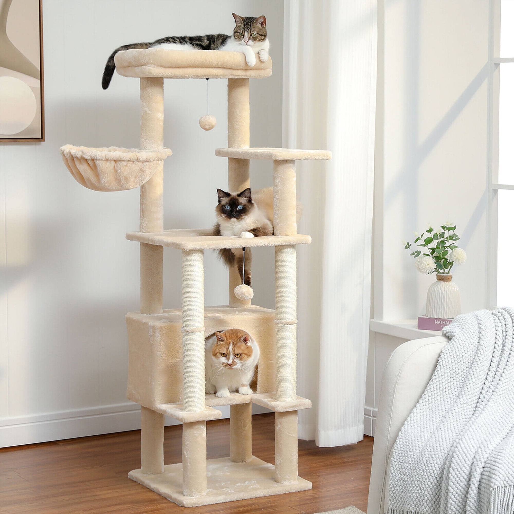 Pefilos 54" Cat Tree Tower for Big Cats, Cat Tree House Furniture with Hammock, Indoor Cat Condo for Adult Cats, Beige Pefilos 54" Cat Tree Tower for Big Cats, Cat Tree House Furniture with Hammock, Indoor Cat Condo for Adult Cats, Beige