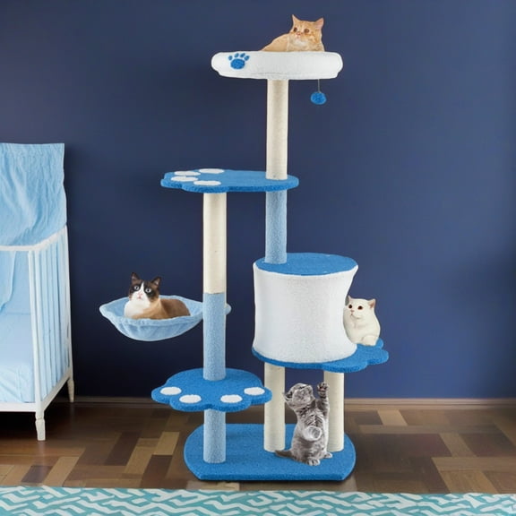 Pefilos 54" Cat Tree Tower for Indoor Cats, Cat Tree House with Large Padded Bed, Cozy Condo, Hammocks, Sisal Scratching Posts, Blue