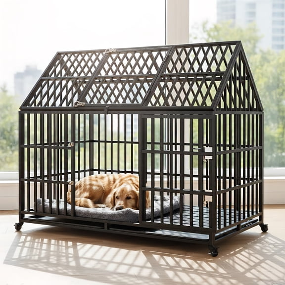 Pefilos 54" Large Dog Cage for Indoor Heavy Duty Metal Dog Crate Kennel with 4 Universal Wheels, Openable Pointed Top and Front Door, Black