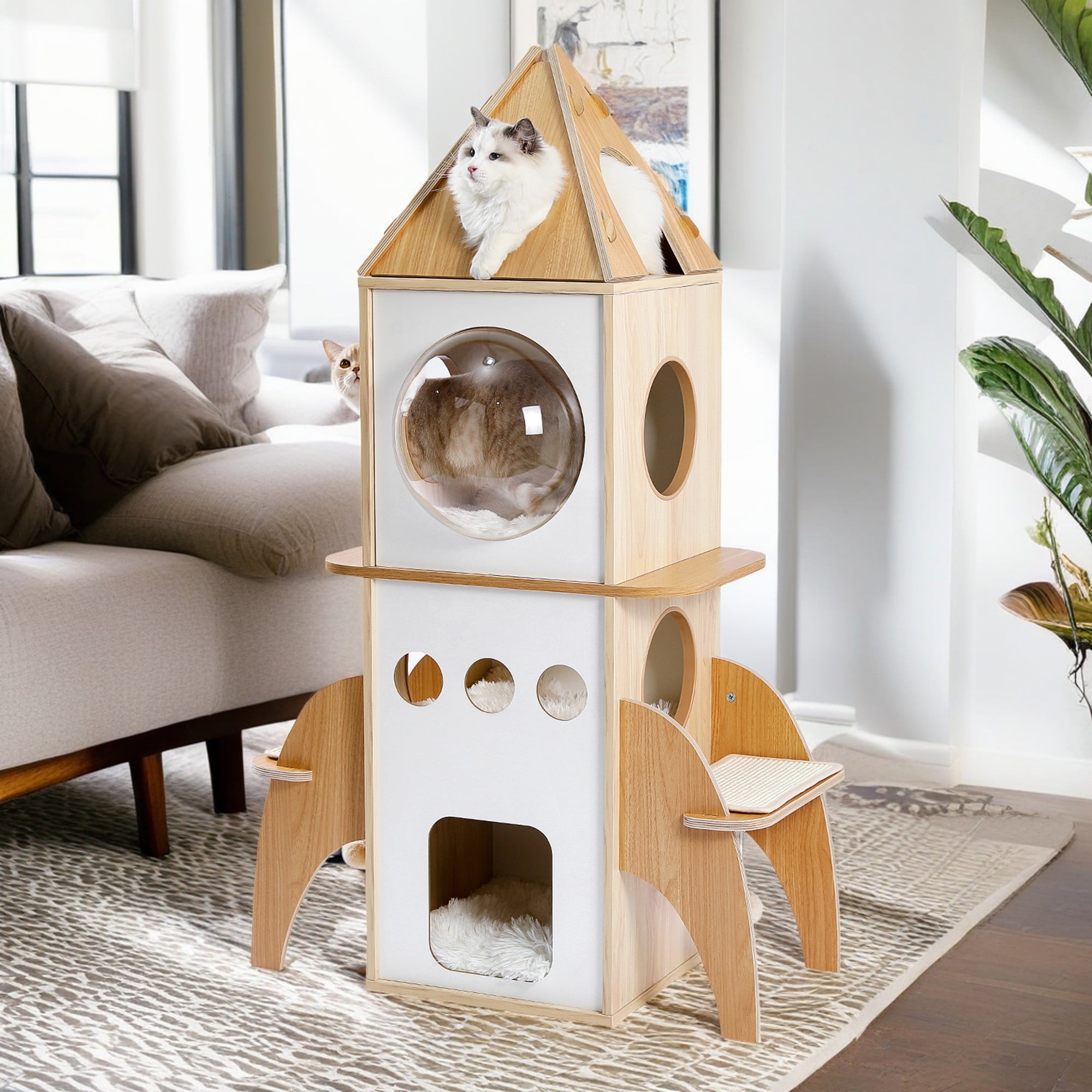 Pefilos 54" Modern Cat Tree Tower Rocket Shape, Multilevel Cat Condo for Large Cats, Cat Tower for Big and Fat Spacious, Beige
