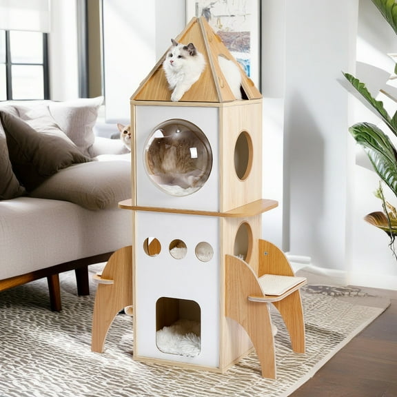 Pefilos 54" Modern Cat Tree Tower Rocket Shape, Multilevel Cat Condo for Large Cats, Cat Tower for Big and Fat Spacious, Beige