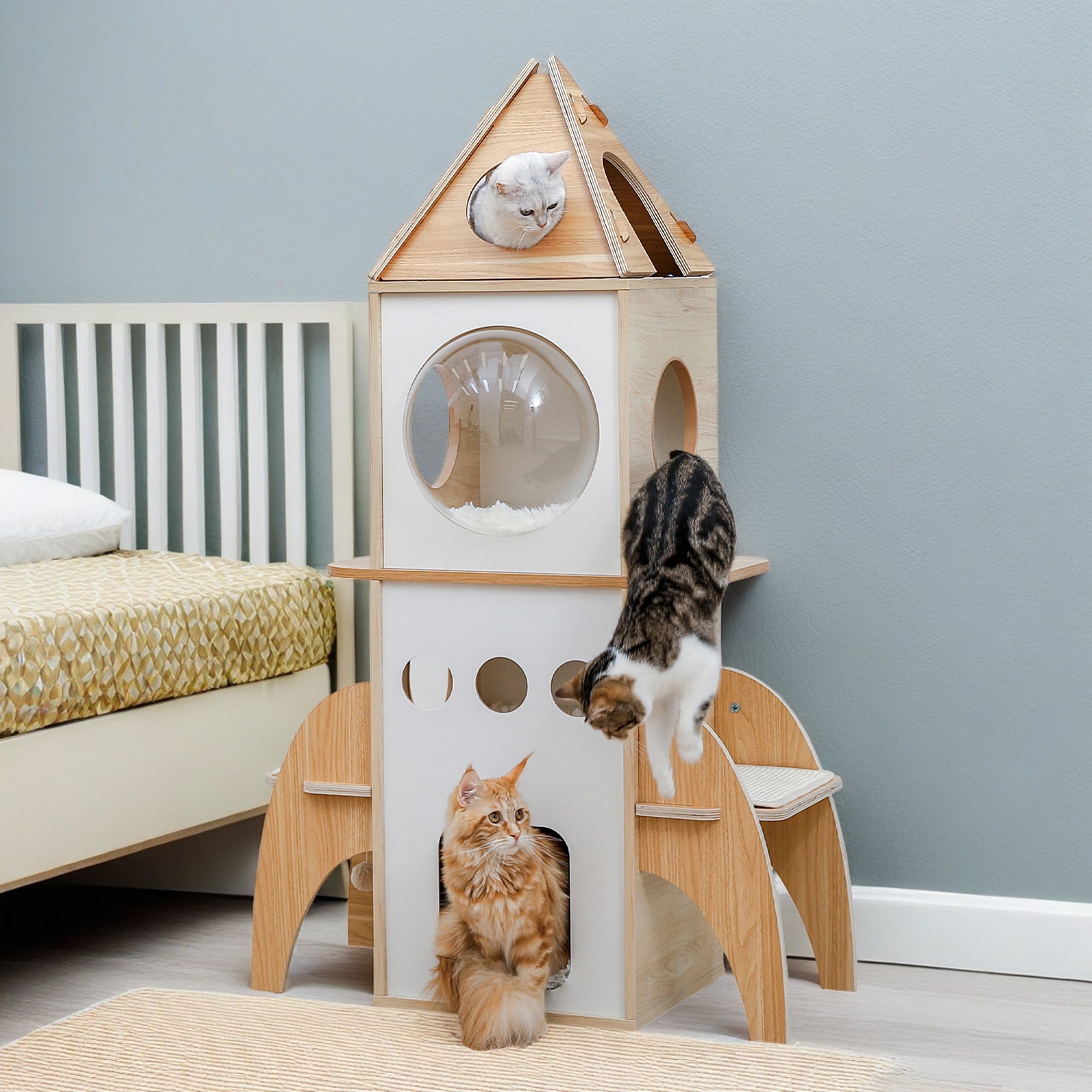 Pefilos 64" Multi-Level Cat Tower for Indoor Cat Tree for Large Cat Condo for Multiple Cats with Climbing Ladder, Feeding Bowl, Gray