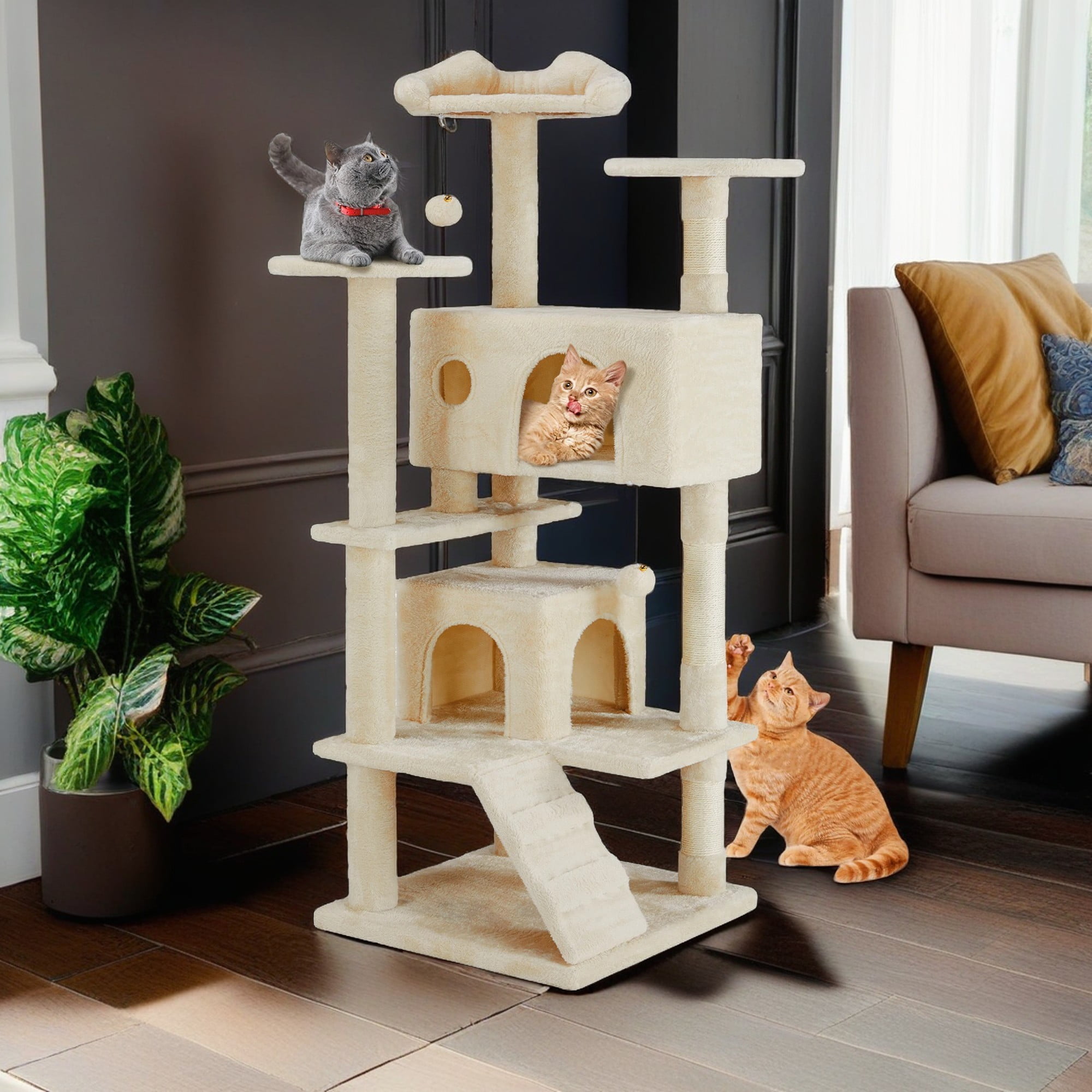Pefilos 54" Multi-Level Cat Tree Tower, Indoor Cat Tree House, Pet Playroom with Large Condo, Beige Pefilos 54" Multi-Level Cat Tree Tower, Indoor Cat Tree House, Pet Playroom with Large Condo, Beige