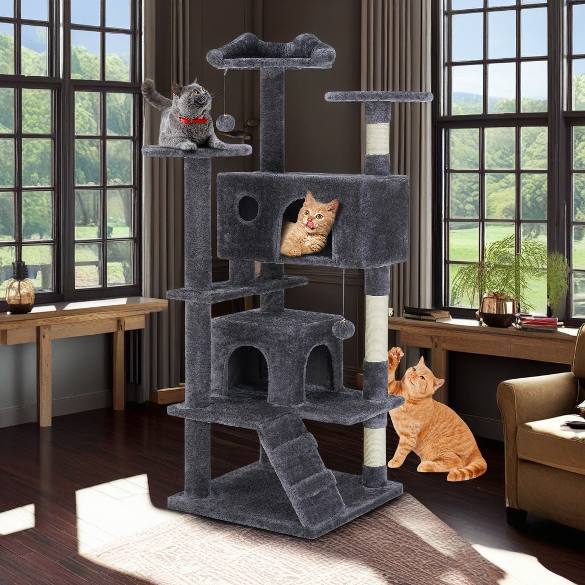 Gray 54-Inch Multi-Level Cat Tree with Sisal Scratching Post