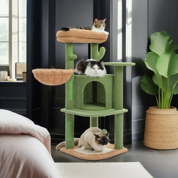 Pefilos 42" Cactus Cat Tree Tower with Cozy Condo and Perch for Indoor Cats, Multi-Level Cat Tree House with Sisal Covered Scratching Posts, Pads, Green