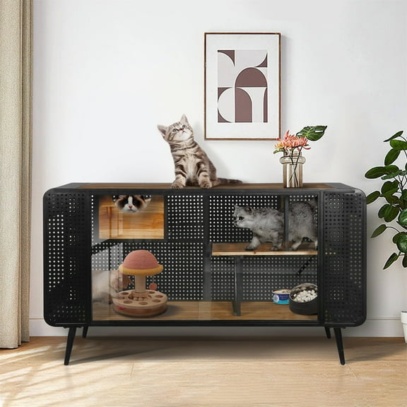 Pefilos 55" Cat Houses for Indoor Cats with Tempered Glass, Transparent Cat Playpen Cat Condo for Large Cats, Black