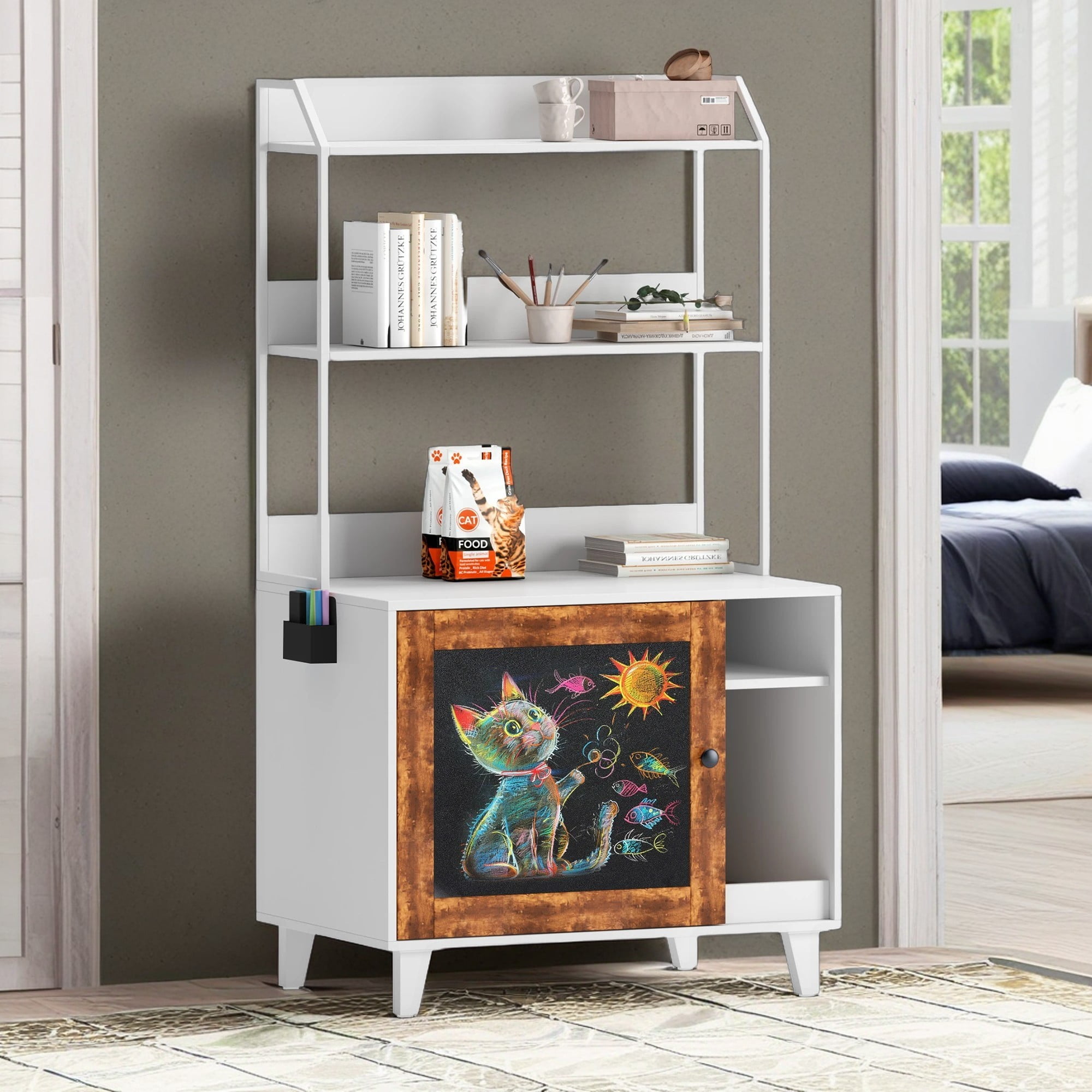 Pefilos 55" Cat Litter Box Enclosure Hidden with 2 Storage Shelves and Doors, Wood Cat House Furniture with Scratch, Fit Most of Litter Box, White Pefilos 55" Cat Litter Box Enclosure Hidden with 2 Storage Shelves and Doors, Wood Cat House Furniture with Scratch, Fit Most of Litter Box, White