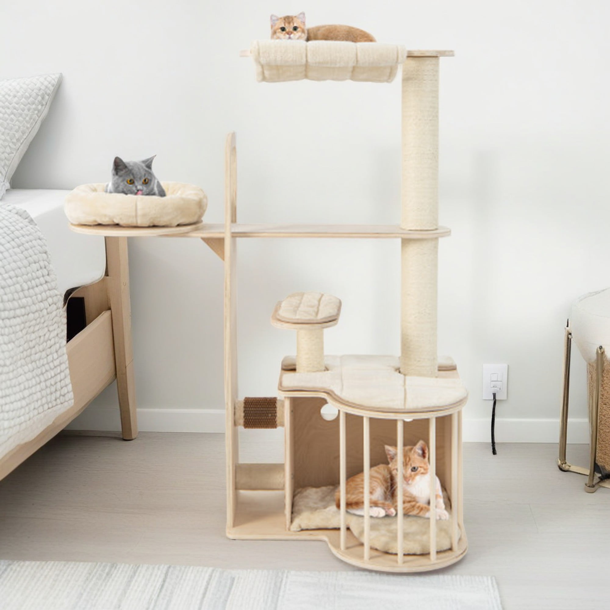 Pefilos 55" Cat Tree Tower with Wood Cat Condos, Large Perch and Totally Wrapped Sisal Posts, Modern Cat Tree House, Beige Pefilos 55" Cat Tree Tower with Wood Cat Condos, Large Perch and Totally Wrapped Sisal Posts, Modern Cat Tree House, Beige