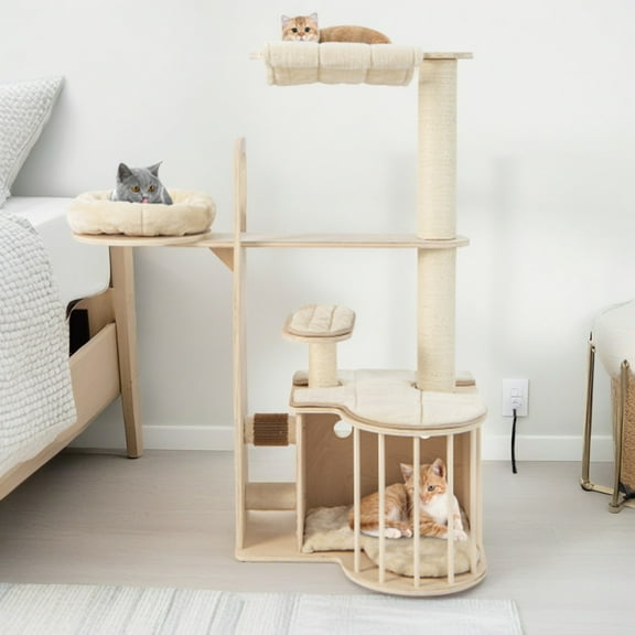 Pefilos 55" Cat Tree Tower with Wood Cat Condos, Large Perch and Totally Wrapped Sisal Posts, Modern Cat Tree House, Beige