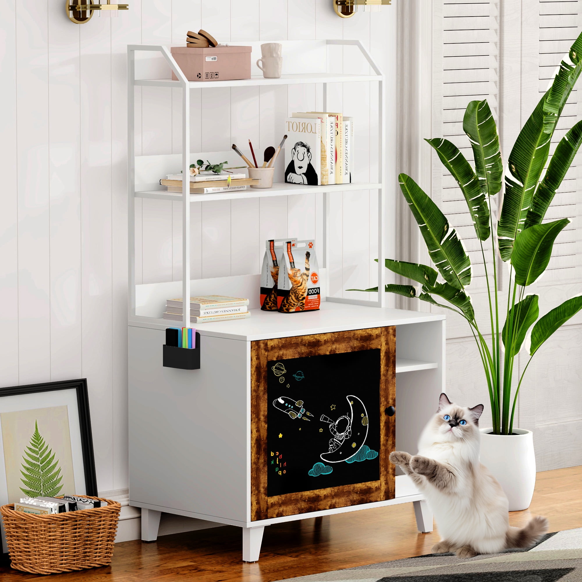 Pefilos 55" Hidden Cat Litter Box Enclosure Furniture with Scratching Pad for Living Room, Modern Graffiti Cat House, White Pefilos 55" Hidden Cat Litter Box Enclosure Furniture with Scratching Pad for Living Room, Modern Graffiti Cat House, White