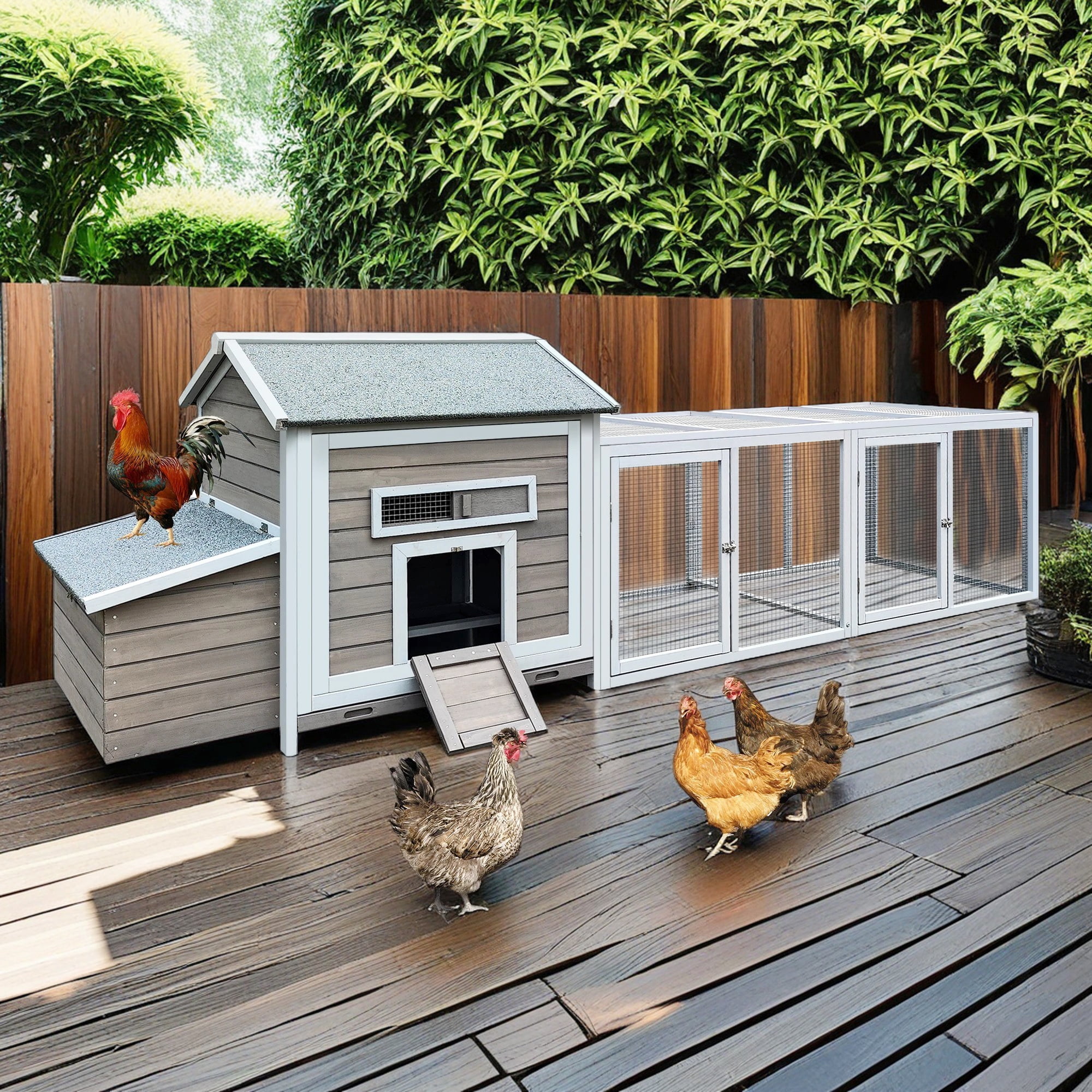 Pefilos 118" Chicken Coop with Free-range Doors, Nesting Box, Hen House Outdoor Wooden Poultry Cage with Leakproof Pull-on Tray, Gray
