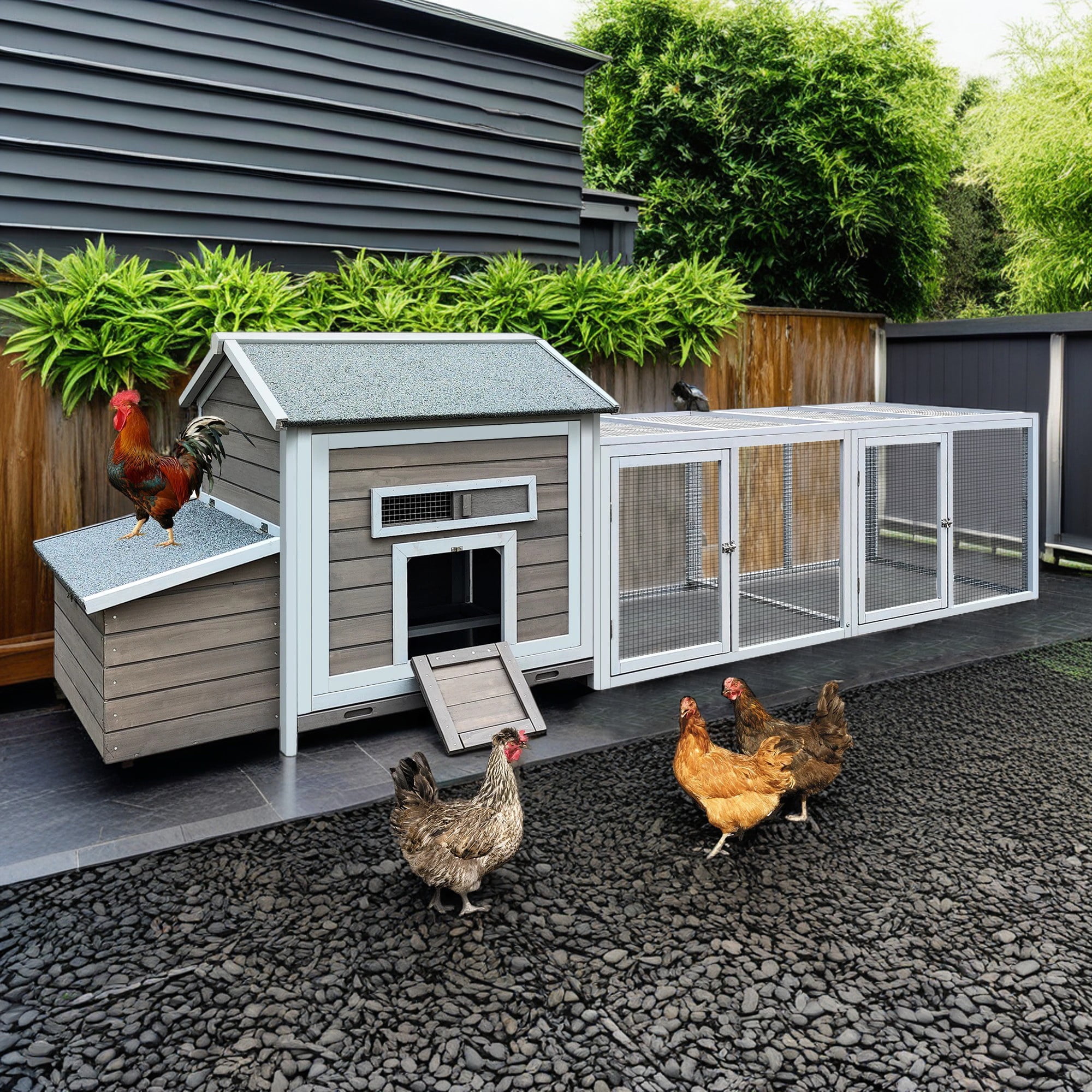 Pefilos 118" Chicken Coop for Outdoor with Ramp, Wood Hen House with Free-range Doors, Nesting Box, Leakproof Pull-on Tray, Large Bunny Poultry Cage, Gray