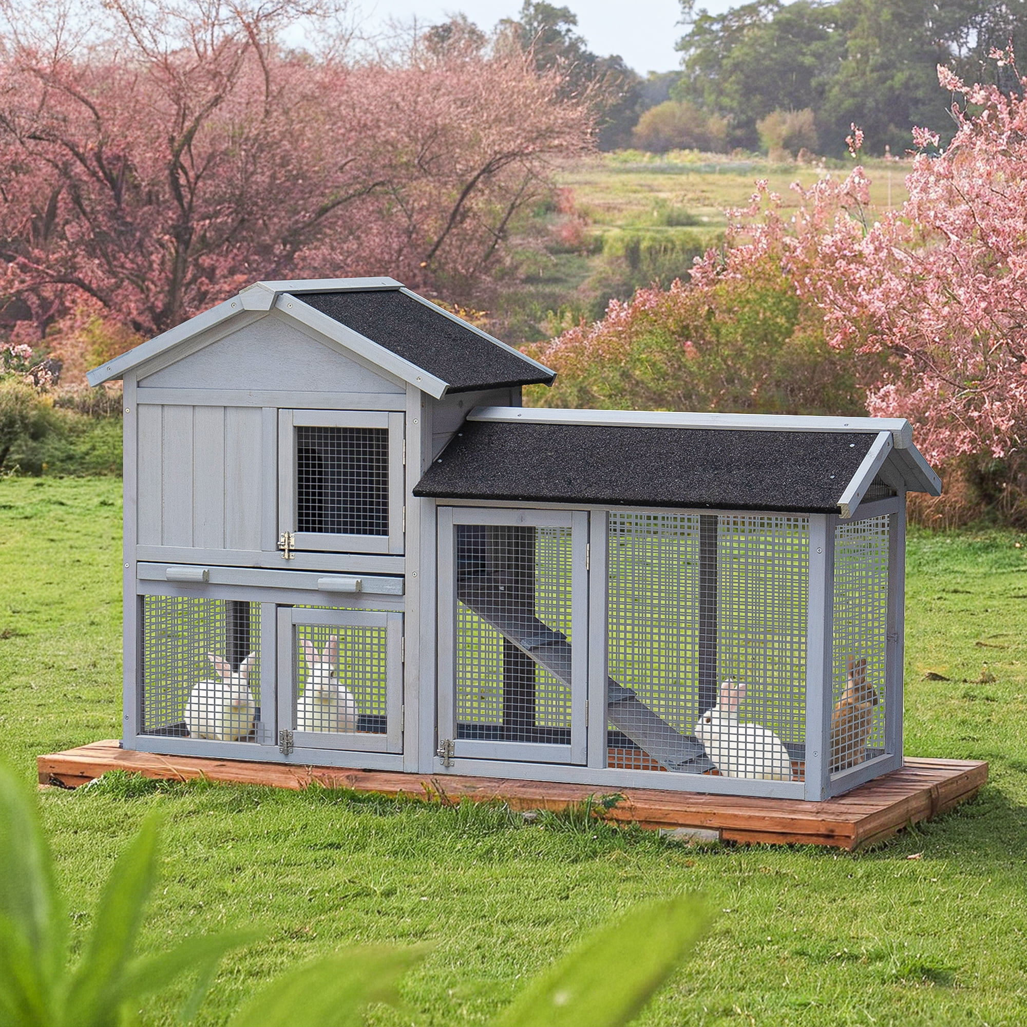 Pefilos 55" Rabbit Hutch with Run, Pull-Out Tray, Extensible Chicken Coop, for Rabbits or Guinea Pigs Small, Gray Pefilos 55" Rabbit Hutch with Run, Pull-Out Tray, Extensible Chicken Coop, for Rabbits or Guinea Pigs Small, Gray