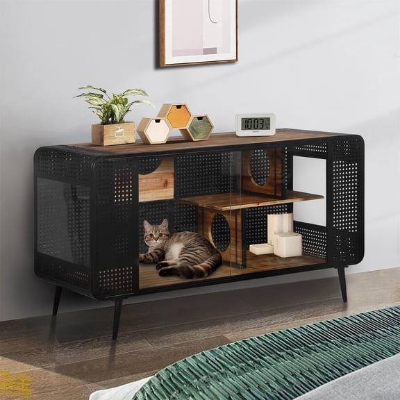 Pefilos 55" Spacious Cat House with Tempered Glass, Cat Condo for Large Cats Includes Resting Platforms, Cave for Living Room, Hallway, Study and Other Spaces, Black