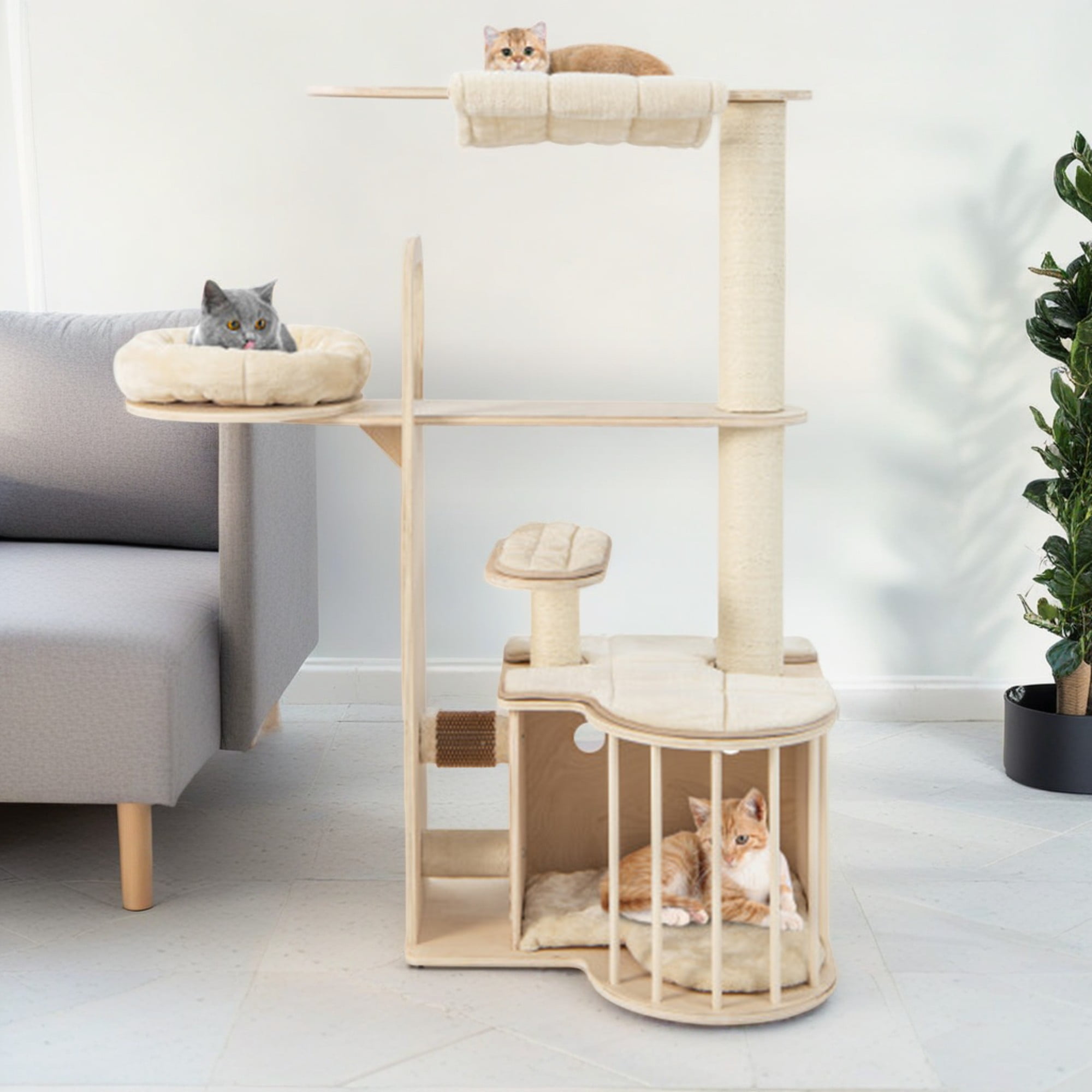 Pefilos 55" Wood Cat Tree Tower for Indoor Cats with Scratching Posts Washable Detachable Cushion, Modern Cat Condo Furniture for Large Cat, Beige Pefilos 55" Wood Cat Tree Tower for Indoor Cats with Scratching Posts Washable Detachable Cushion, Modern Cat Condo Furniture for Large Cat, Beige