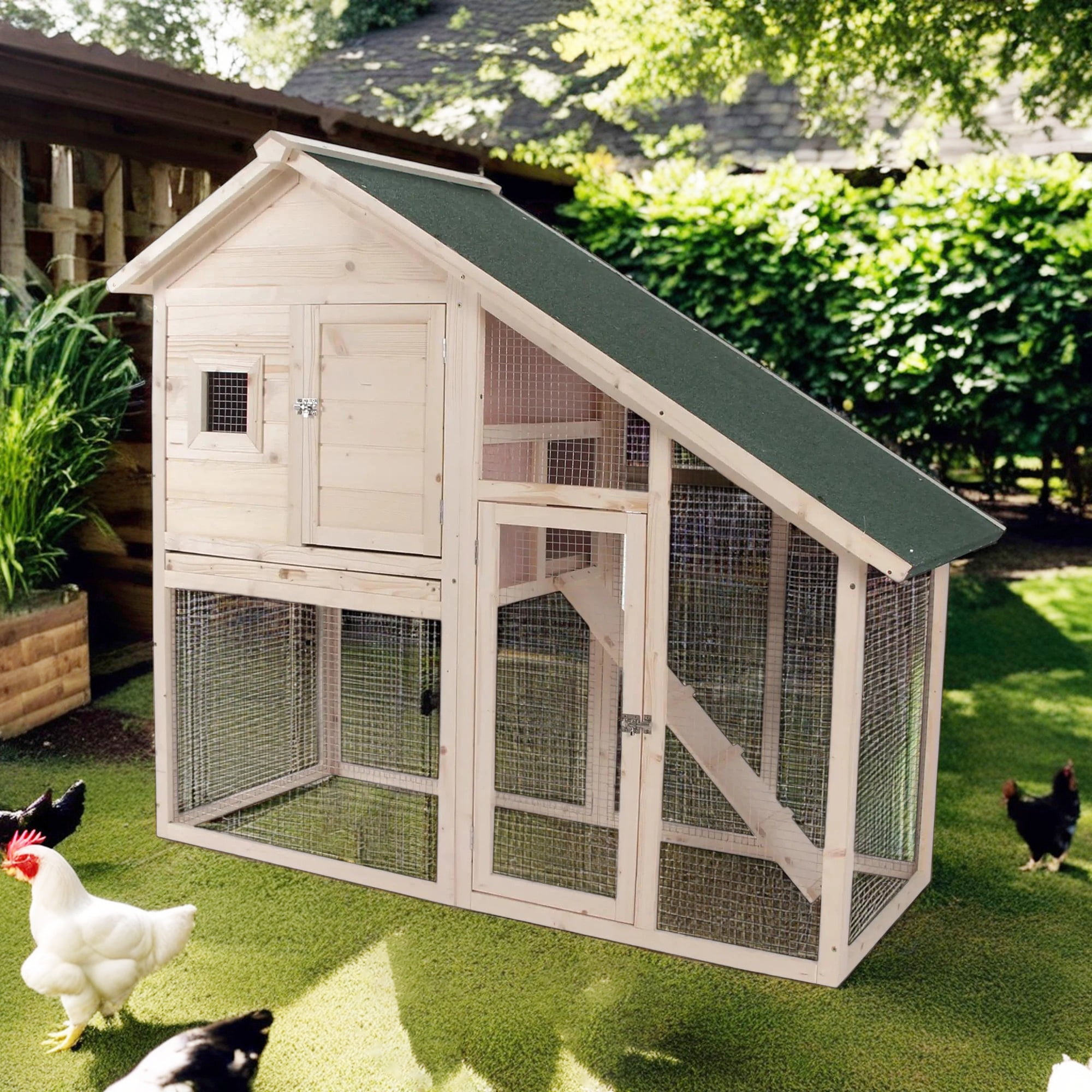 Pefilos 55" Wooden Rabbit Hutch Indoor and Outdoor, Rabbit Cage with Tray, Bunny House, Chicken Coops, 2-Story Guinea Pig Hutch with Run, Beige
