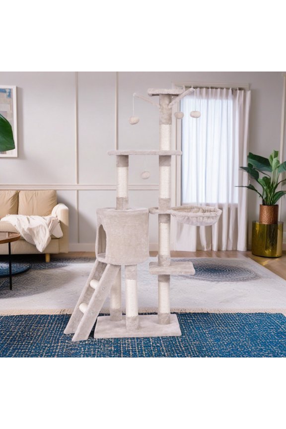 56" Cat Tree House for Large Cats, Cat Condo Tower with Ladder Scratching Posts, Jump Platform Cat Play Tree, Beige