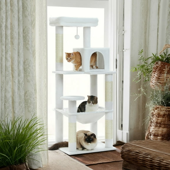 Pefilos 56" Cat Tree for Indoor Cats Multi-Level Cat Tower with Sisal Covered Scratching Posts, Cozy Cat Condo, Super Large Hammock and Plush Perches Cat Tree House for Large Cats, White
