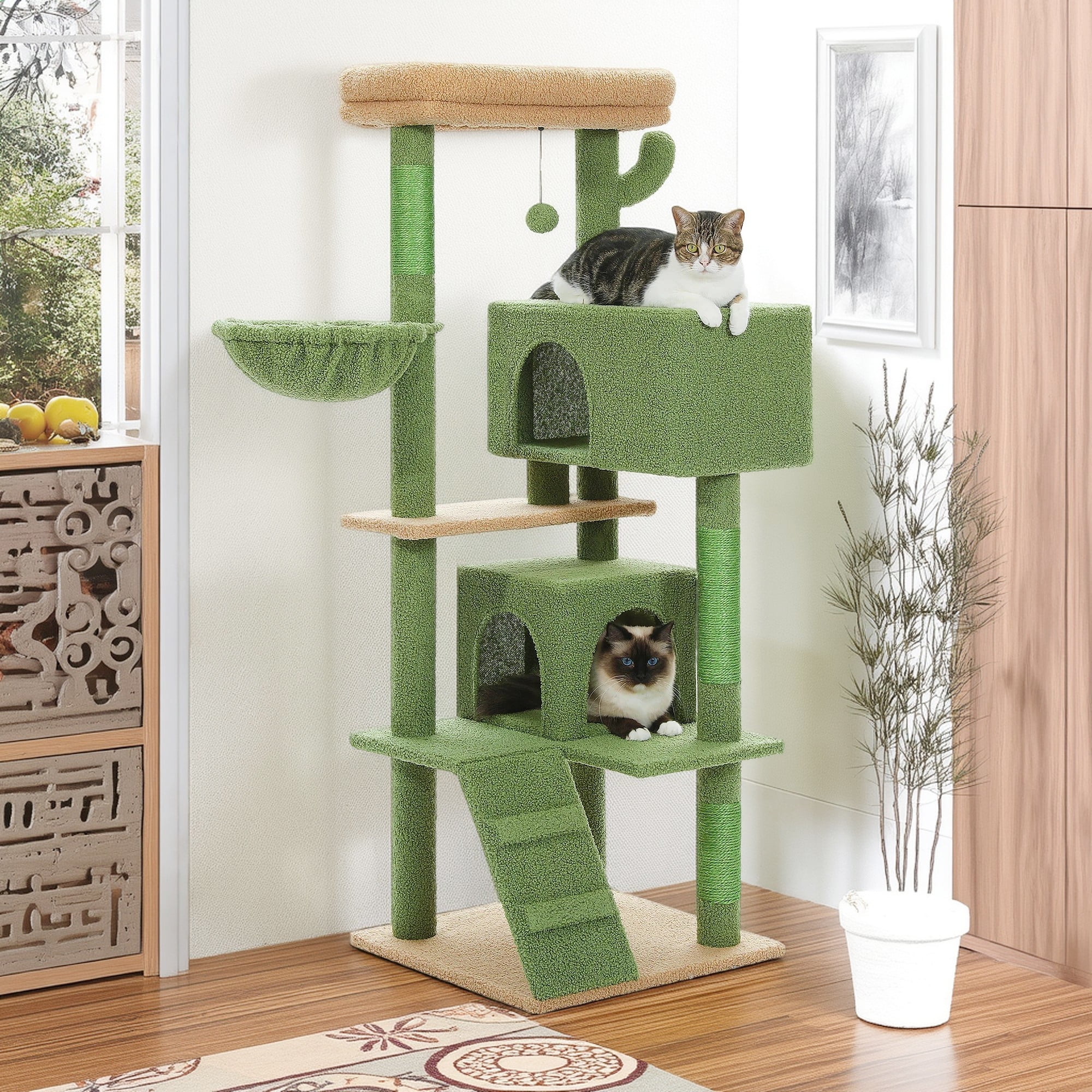 Pefilos 56" Cat Tree Tower for Indoor Cats, Cat Tree House for Multiple Cats with 2 Cozy Condos, Top Perch, Hammock, Climbing ladder and Dangling Ball, Green