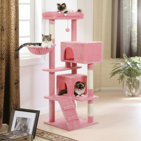 Pefilos 56" Cat Tree Tower for Indoor Cats, Cat Tree House for Multiple Cats with 2 Cozy Condos, Top Perch, Hammock, Climbing ladder and Dangling Ball, Pink