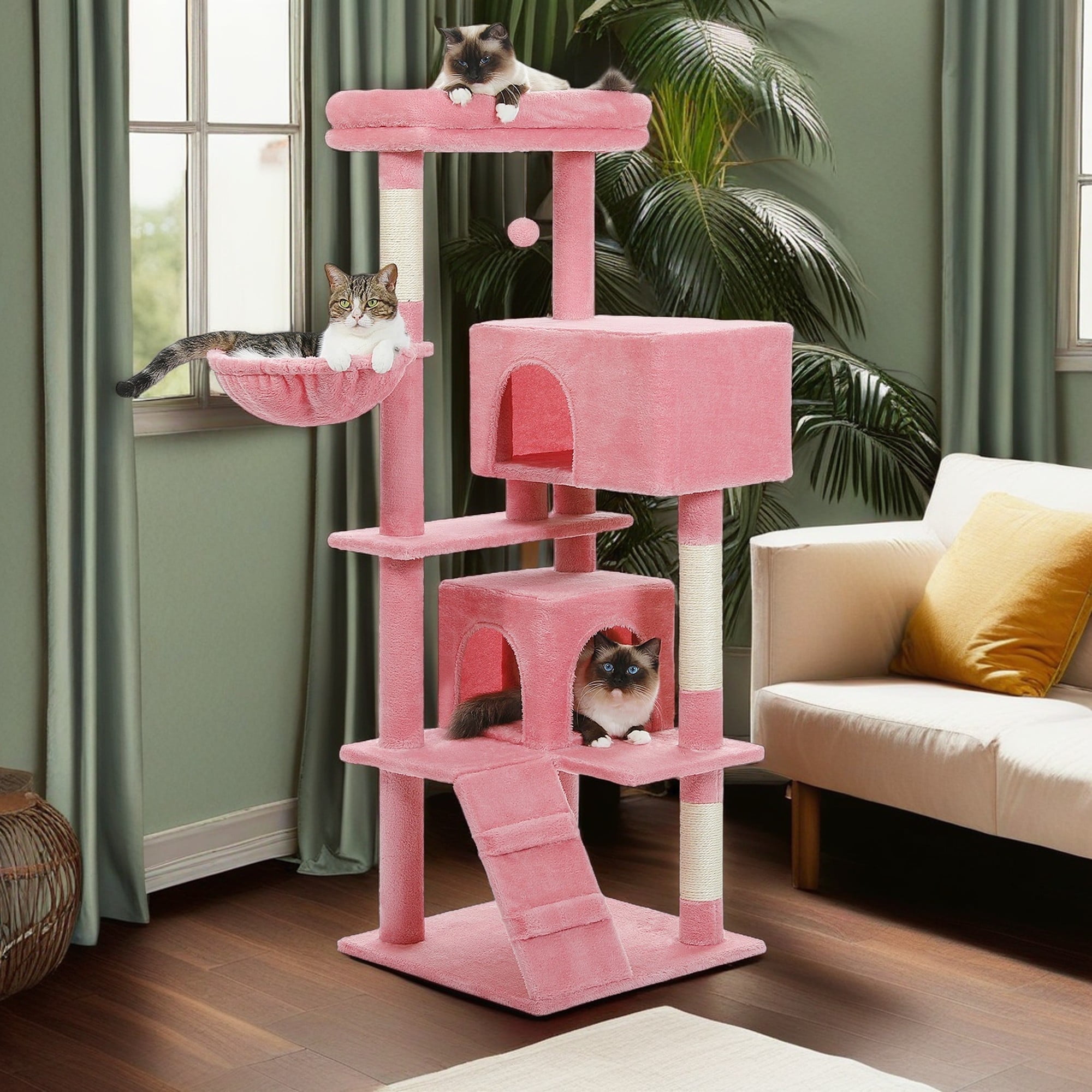 Pefilos 56" Cat Tree Tower for Indoor Cats, Cat Tree House for Multiple Cats with 2 Cozy Condos, Top Perch, Hammock, Climbing ladder and Dangling Ball, Pink Pefilos 56" Cat Tree Tower for Indoor Cats, Cat Tree House for Multiple Cats with 2 Cozy Condos, Top Perch, Hammock, Climbing ladder and Dangling Ball, Pink