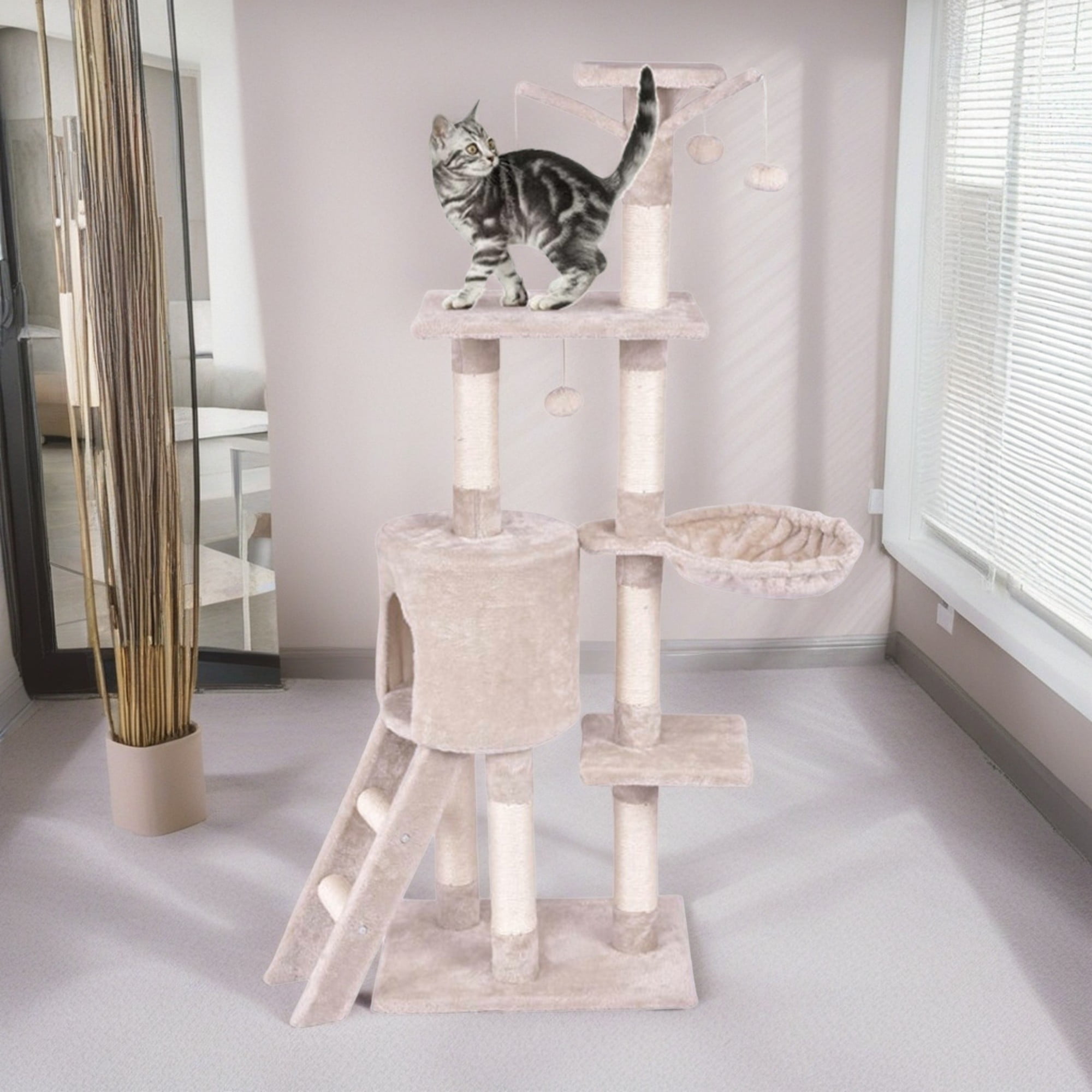 Pefilos 56" Cat Tree Tower for Indoor Cats with Ladder, Scratching Posts Cat Condo for Multiple Cats Jump Platform Cat Furniture Activity Center, Beige Pefilos 56" Cat Tree Tower for Indoor Cats with Ladder, Scratching Posts Cat Condo for Multiple Cats Jump Platform Cat Furniture Activity Center, Beige