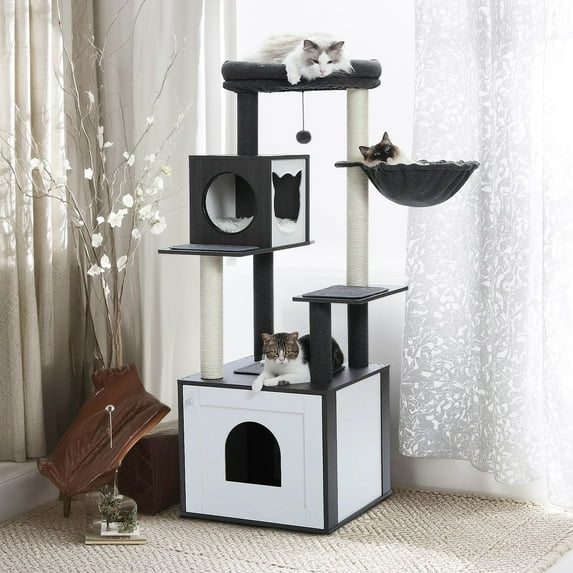 Pefilos 56" Modern Wood Cat Tree for Indoor with Litter Box Enclosure and Cat Condo, Large Cat Tree Tower, Black