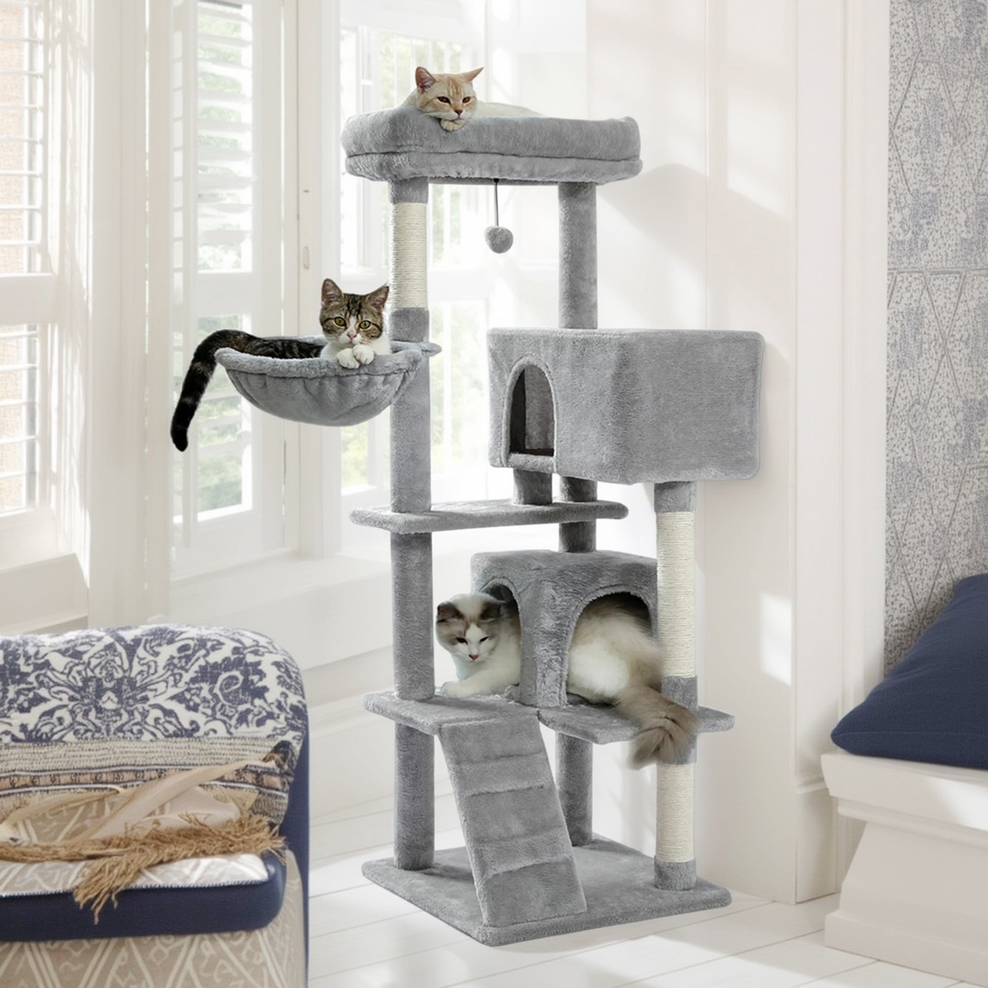 Pefilos 56" Cat Tree for Indoor Cats Cat Condos for Adult Cats with Padded Plush Perch and Cozy Basket Cat Tower for Large Cats , Gray