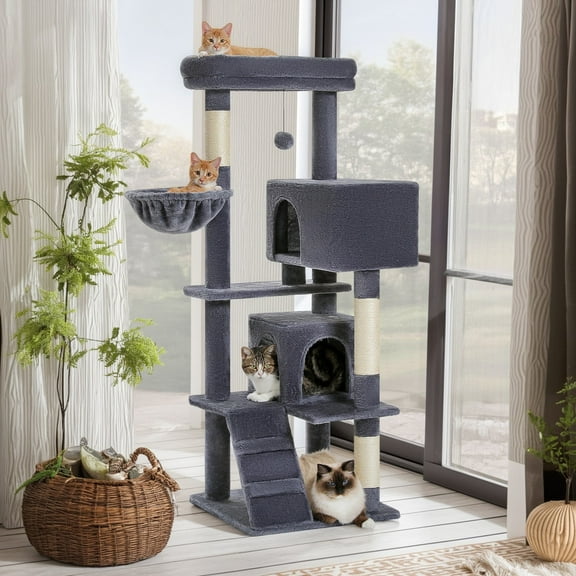 Pefilos 56" Multi-Level Cat Tree Tower for Large Cats with Top Perch, Hammock, Climbing Ladder and 2 Condos, Cat Tree House for Multiple Cats, Dark Gray