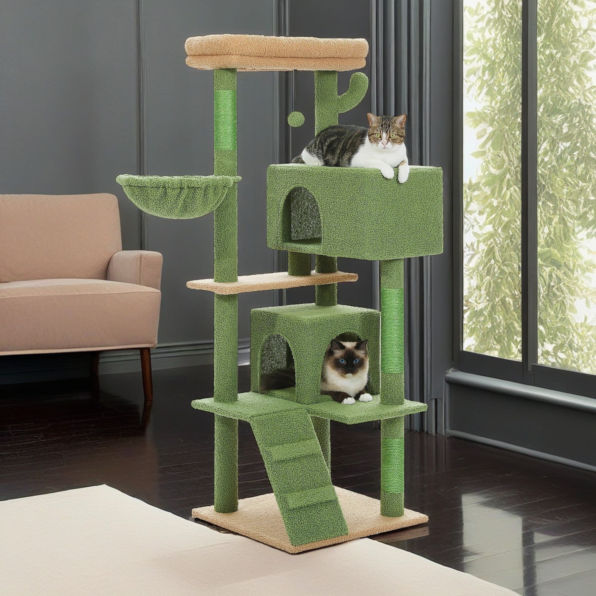 Pefilos 56" Multi-Level Cat Tree Tower for Large Cats with Top Perch, Hammock, Climbing Ladder and 2 Condos, Cat Tree House for Multiple Cats, Green Pefilos 56" Multi-Level Cat Tree Tower for Large Cats with Top Perch, Hammock, Climbing Ladder and 2 Condos, Cat Tree House for Multiple Cats, Green