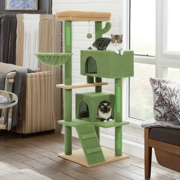 Pefilos 56" Multi-Level Cat Tree Tower for Large Cats with Top Perch, Hammock, Climbing Ladder and 2 Condos, Cat Tree House for Multiple Cats, Green