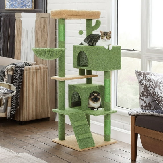 Pefilos 56" Multi-Level Cat Tree Tower for Large Cats with Top Perch, Hammock, Climbing Ladder and 2 Condos, Cat Tree House for Multiple Cats, Green