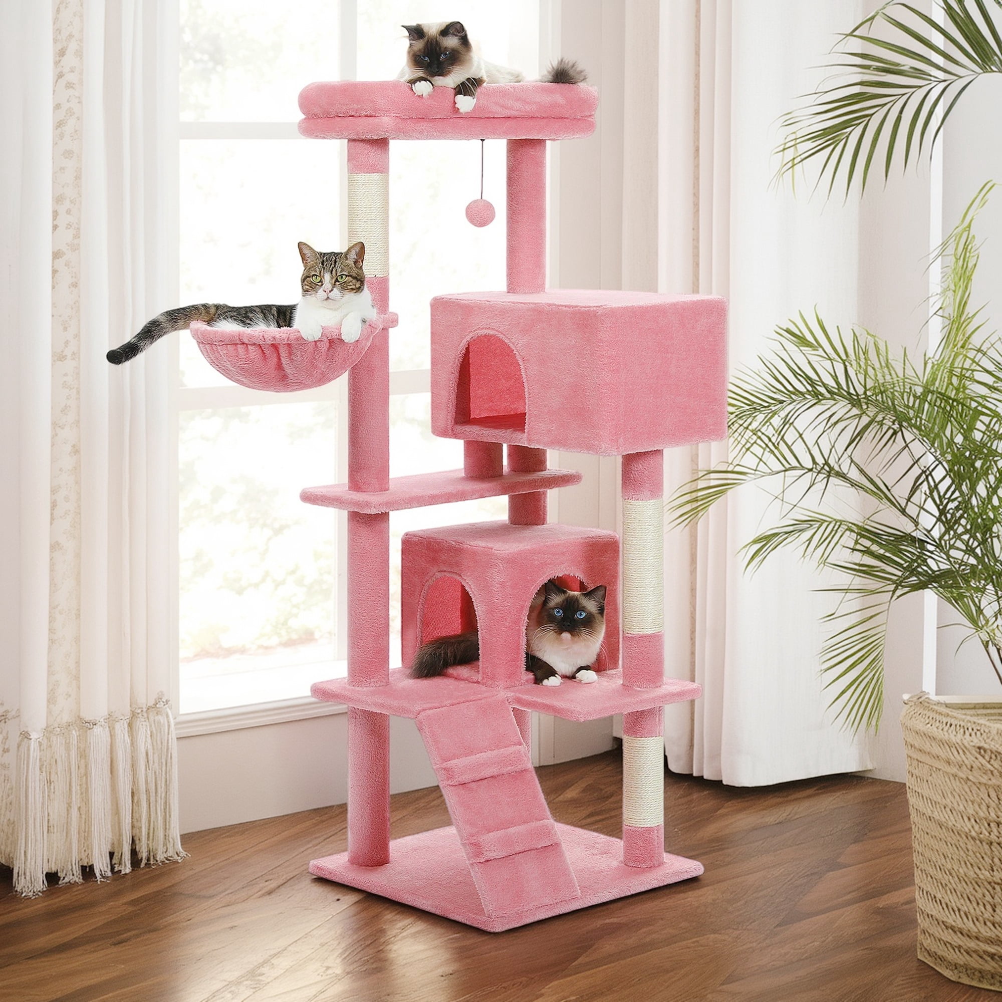 Pefilos 56" Multi-Level Cat Tree Tower for Large Cats with Top Perch, Hammock, Climbing Ladder and 2 Condos, Cat Tree House for Multiple Cats, Pink
