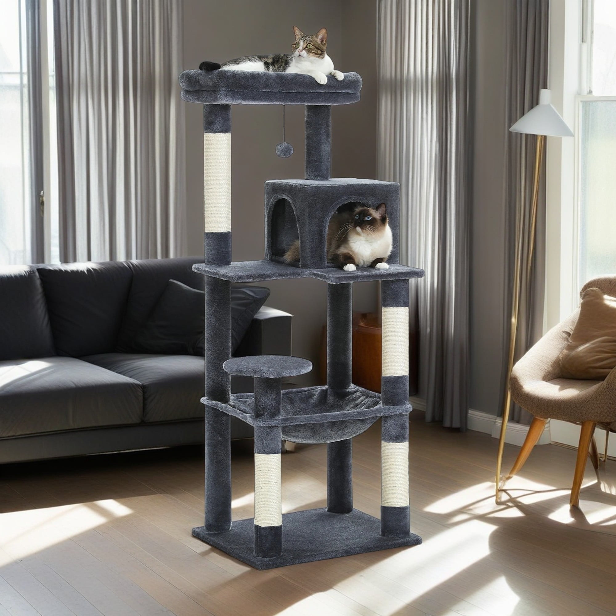 Pefilos 56" Wood Cat Tree Tower for Large Cats, Cat Tree House for Indoor Cats with Cozy Cat Condo, Super Large Hammock and Plush Perches, Dark Gray