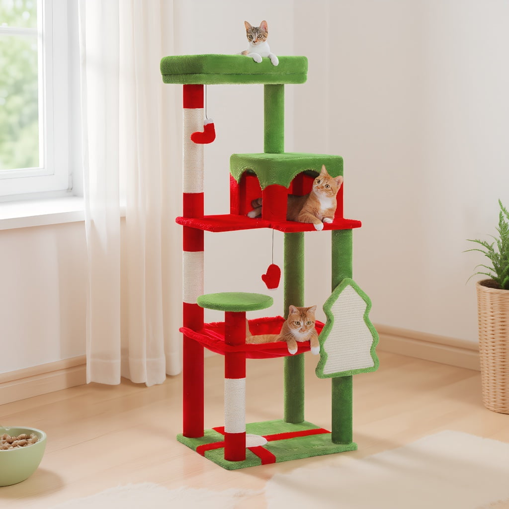 Pefilos 56" Wood Cat Tree Tower for Large Cats, Cat Tree House for Indoor Cats with Cozy Cat Condo, Super Large Hammock and Plush Perches, Red