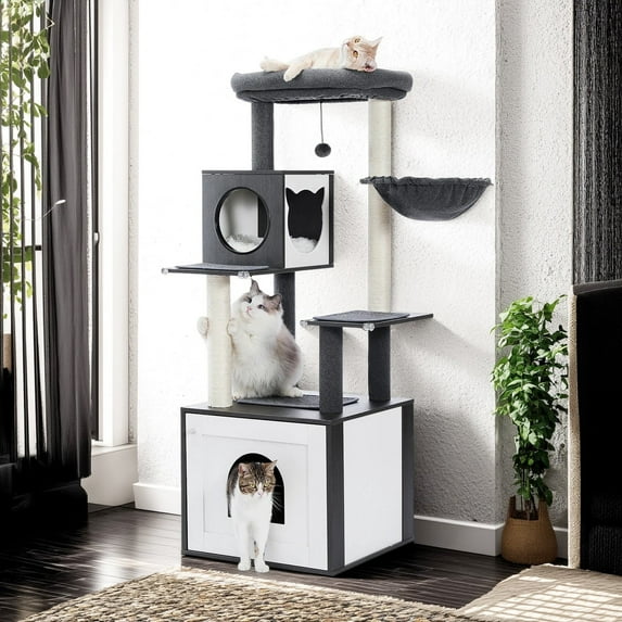 Pefilos 56" Wood Cat Tree Tower with Litter Box Enclosure Cabinet and Cat Condo, Large Top Perch and Hammock, Sisal Covered Scratching Posts, Black
