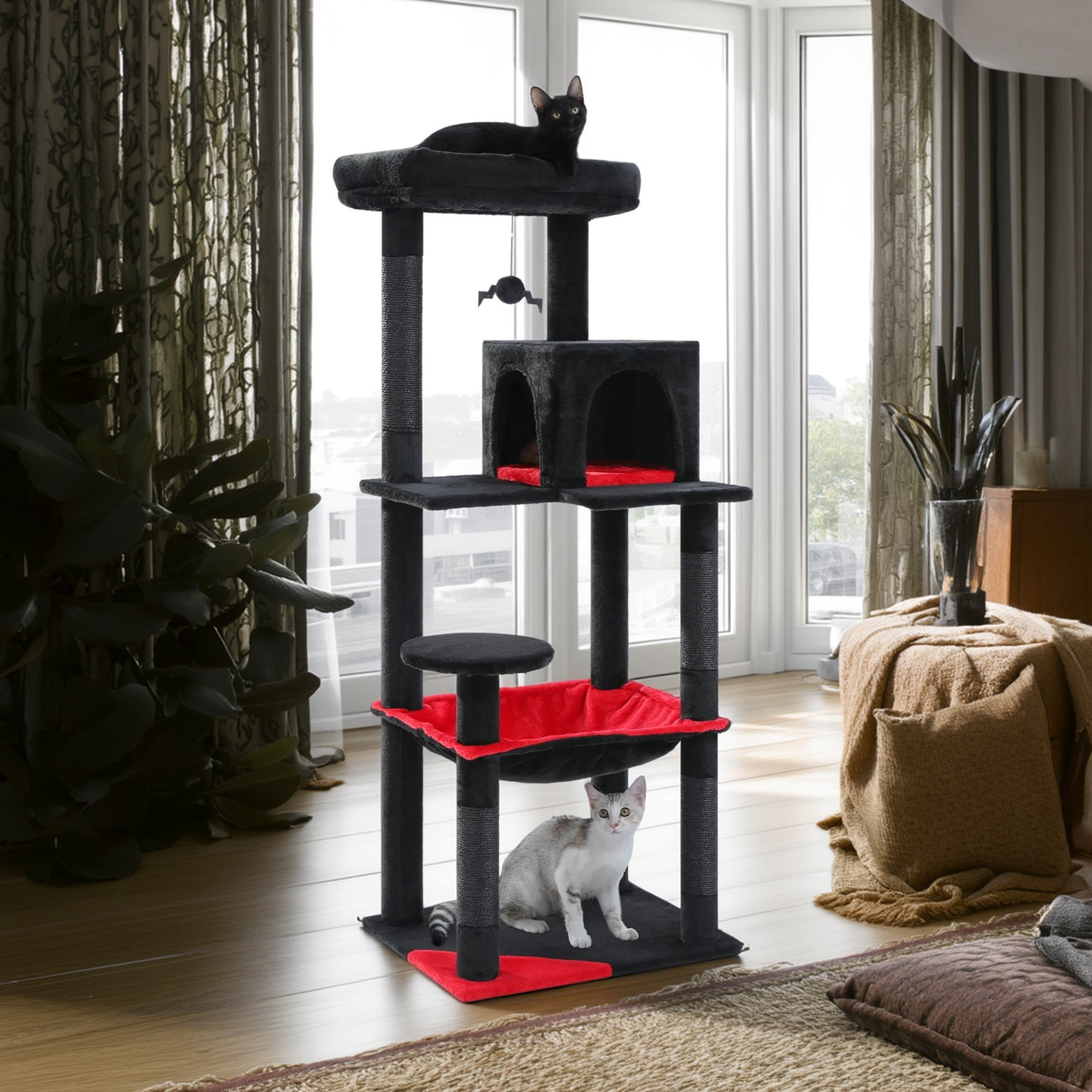 Pefilos 56" Wooden Cat Tower House for Large Cats Cat Tree for Indoor Cats with Cozy Cat Condo, Super Large Hammock and Plush Perches, Black