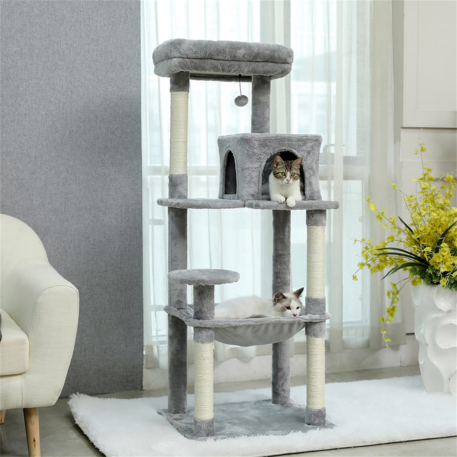 Pefilos 56" Wooden Cat Tower House for Large Cats Cat Tree for Indoor Cats with Cozy Cat Condo, Super Large Hammock and Plush Perches, Gray Pefilos 56" Wooden Cat Tower House for Large Cats Cat Tree for Indoor Cats with Cozy Cat Condo, Super Large Hammock and Plush Perches, Gray