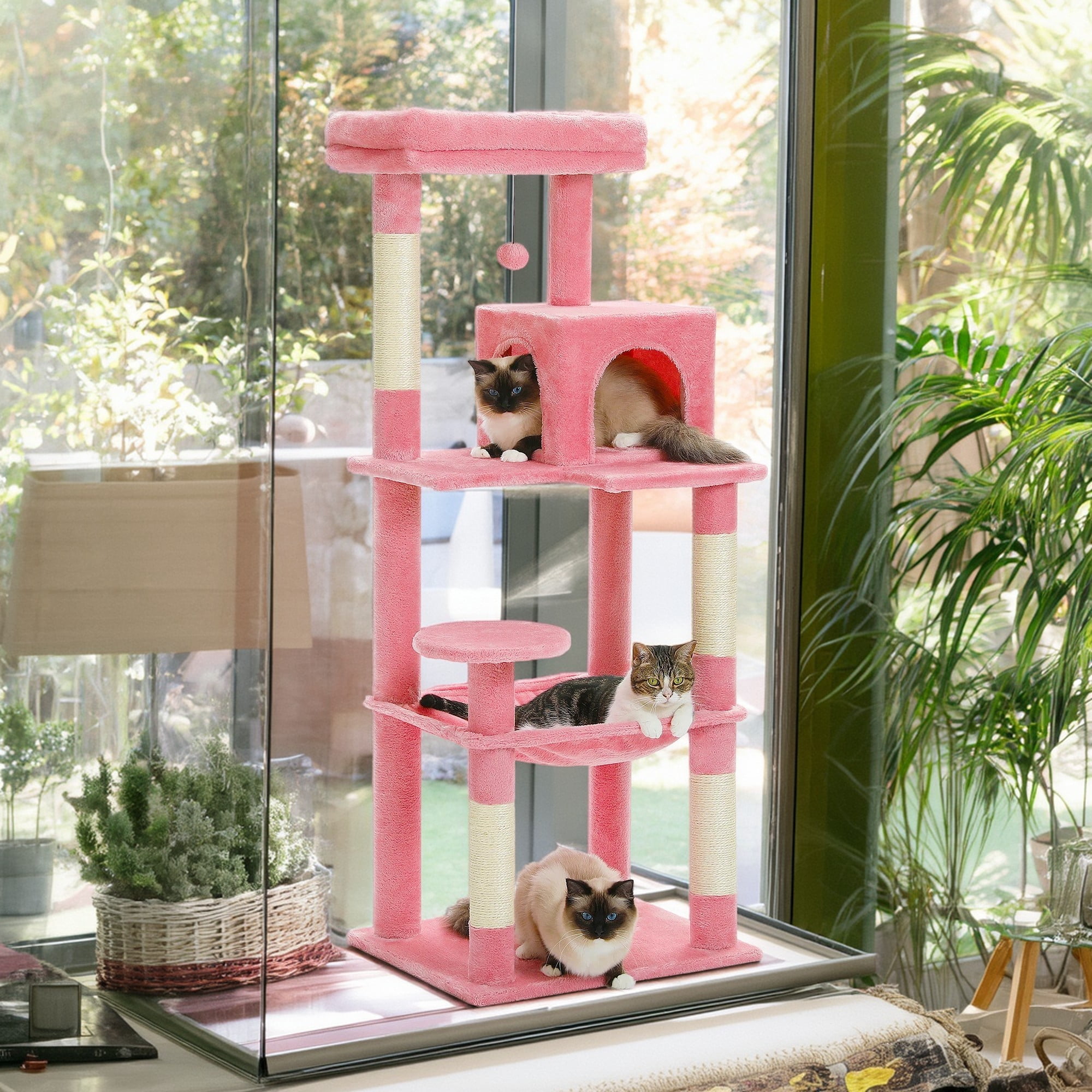 Pefilos 56" Wooden Cat Tower House for Large Cats Cat Tree for Indoor Cats with Cozy Cat Condo, Super Large Hammock and Plush Perches, Pink