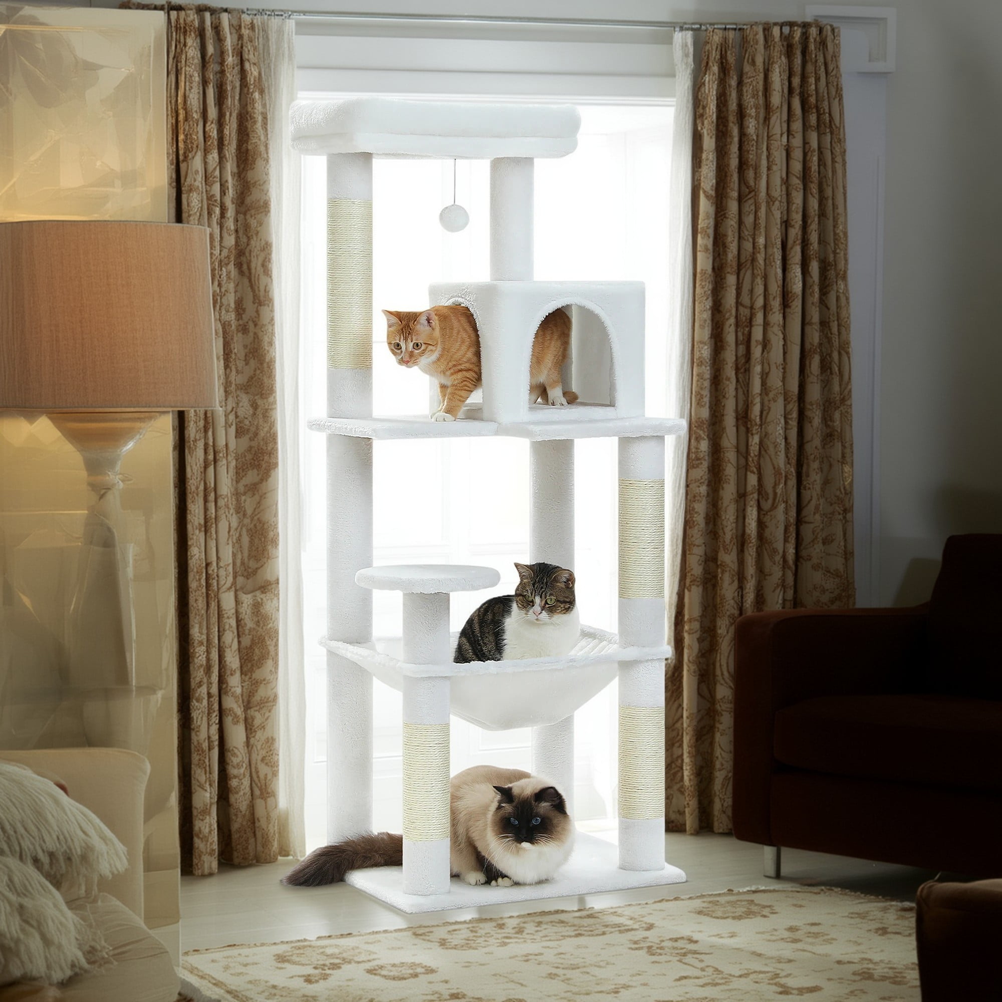 Pefilos 56" Wooden Cat Tower House for Large Cats Cat Tree for Indoor Cats with Cozy Cat Condo, Super Large Hammock and Plush Perches, White