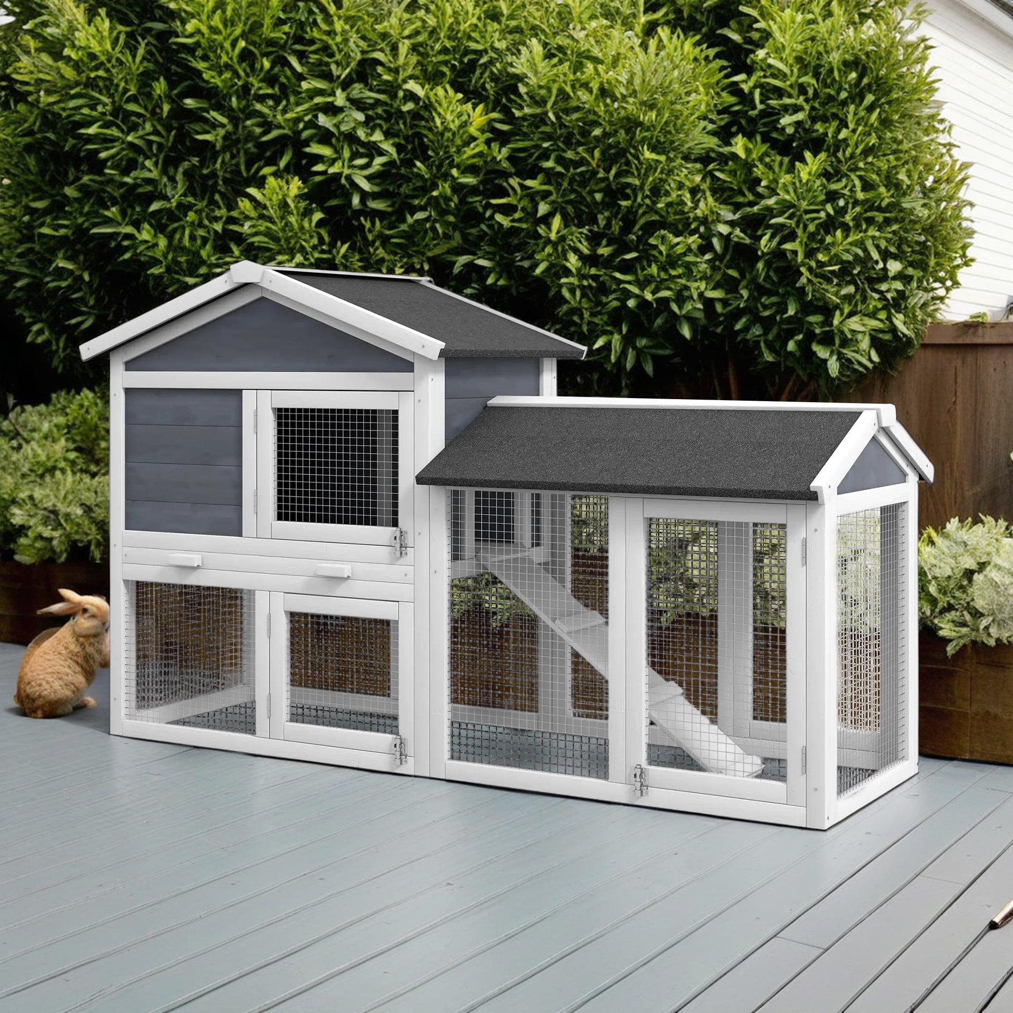 Pefilos 58" 2-Layer Wooden Rabbit Hutch with Run, Removable Tray, Large Outdoor/Indoor Bunny House, Small Animal House Pet Cage, Gray