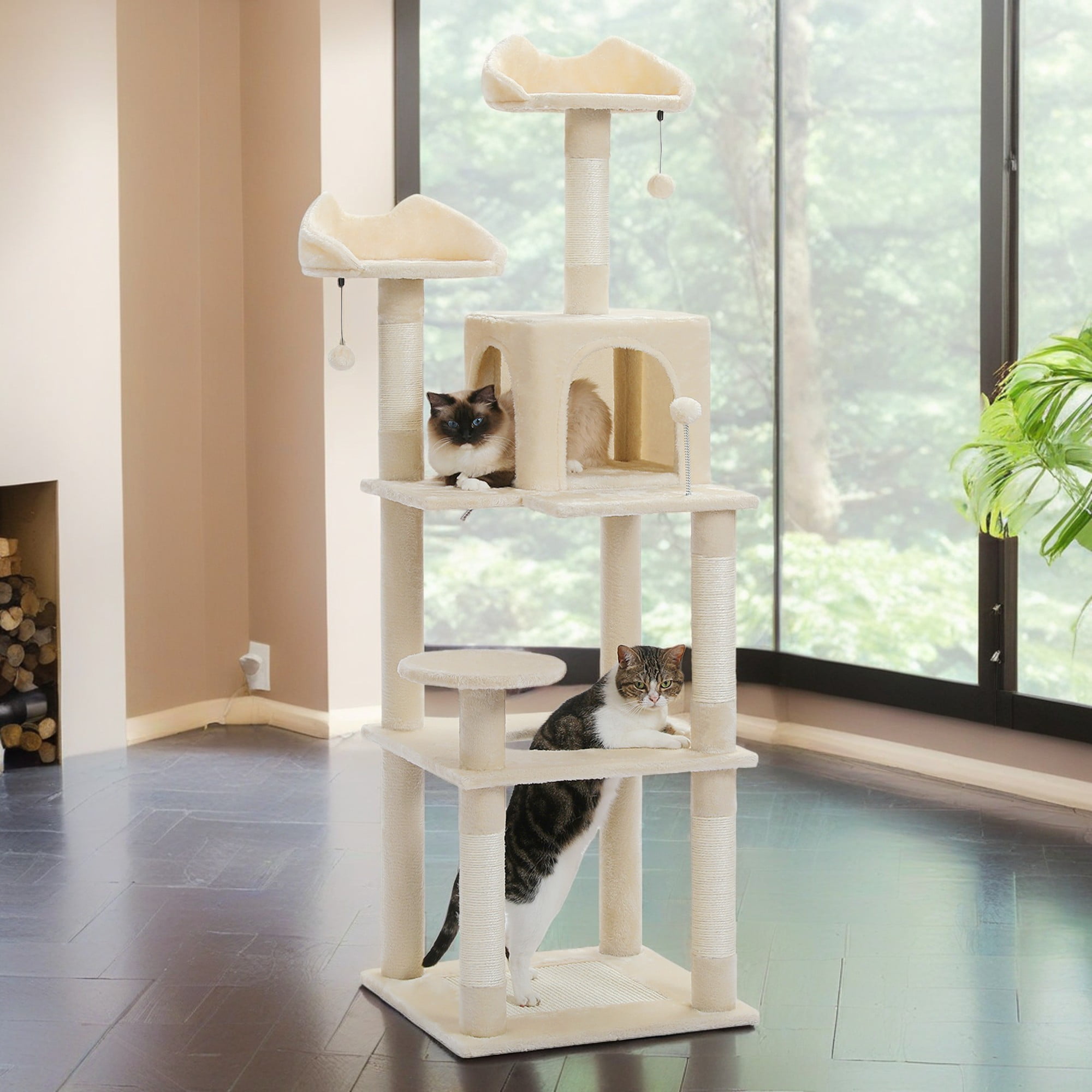 Pefilos 57 4 Levels Platform Cat Tree House Cat Condo for Large Cats with Fully Scratching Posts Cat Tower for Indoor Beige Walmart