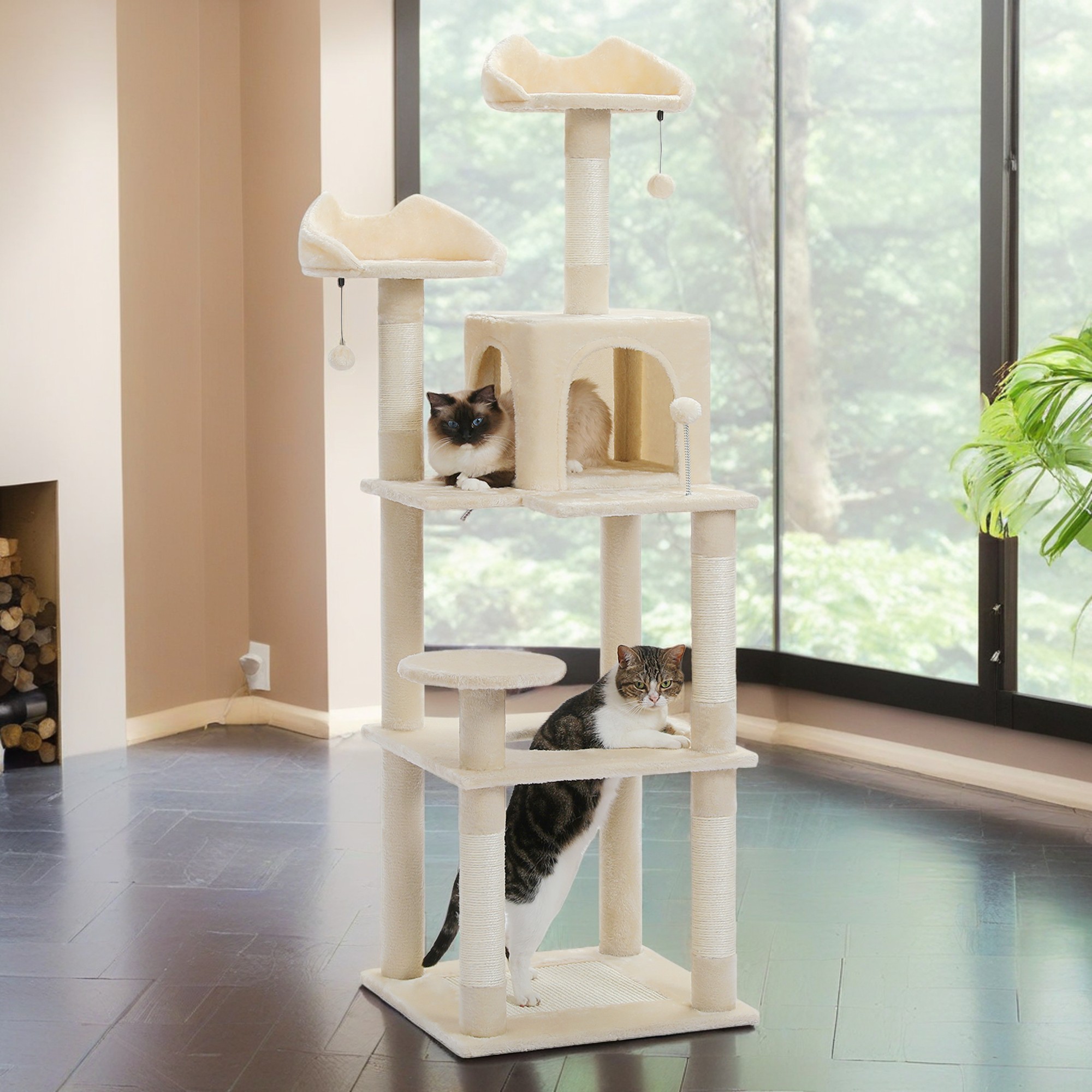 Pefilos 57" 4 Levels Platform Cat Tree House, Cat Condo for Large Cats with Fully Scratching Posts, Cat Tower for Indoor, Beige
