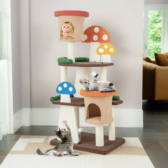 Pefilos 57" Cat Tree House, Small Cat Condo with Sisal Scratching Post, Mushroom Cat Tower, Multicolor